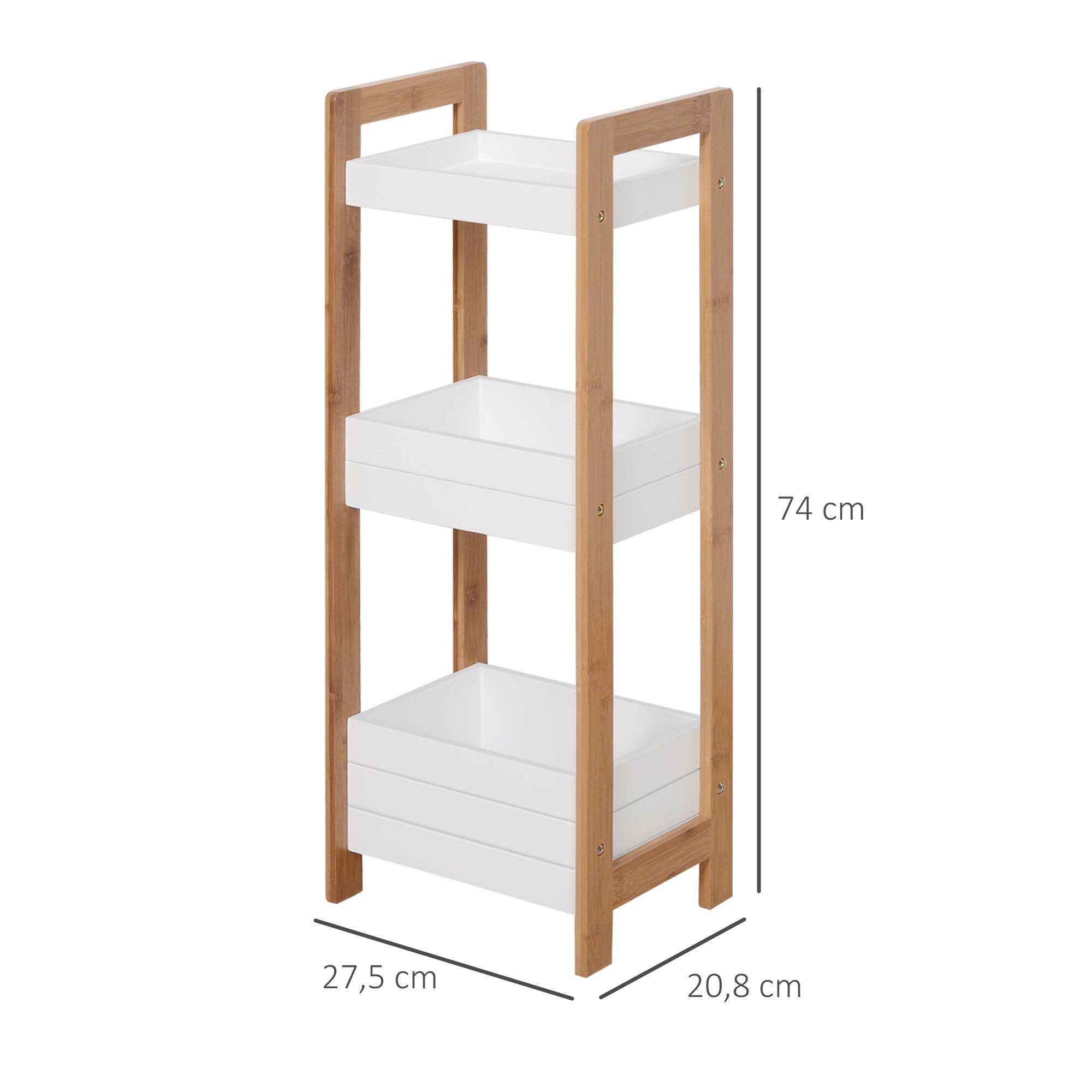 Móvel Auxiliar de Banheiro com 3 Prateleiras de Bambu 27,5x20,8x74 cm Cor Branco e Natural