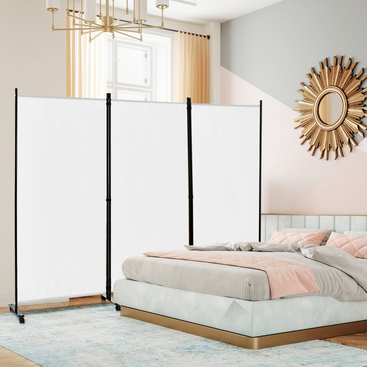Biombo Divisório de 3 Painéis com Rodas - Ecrãs de Privacidade para Quartos Altura 180cm Divisores para Quarto Casa Escritório Branco