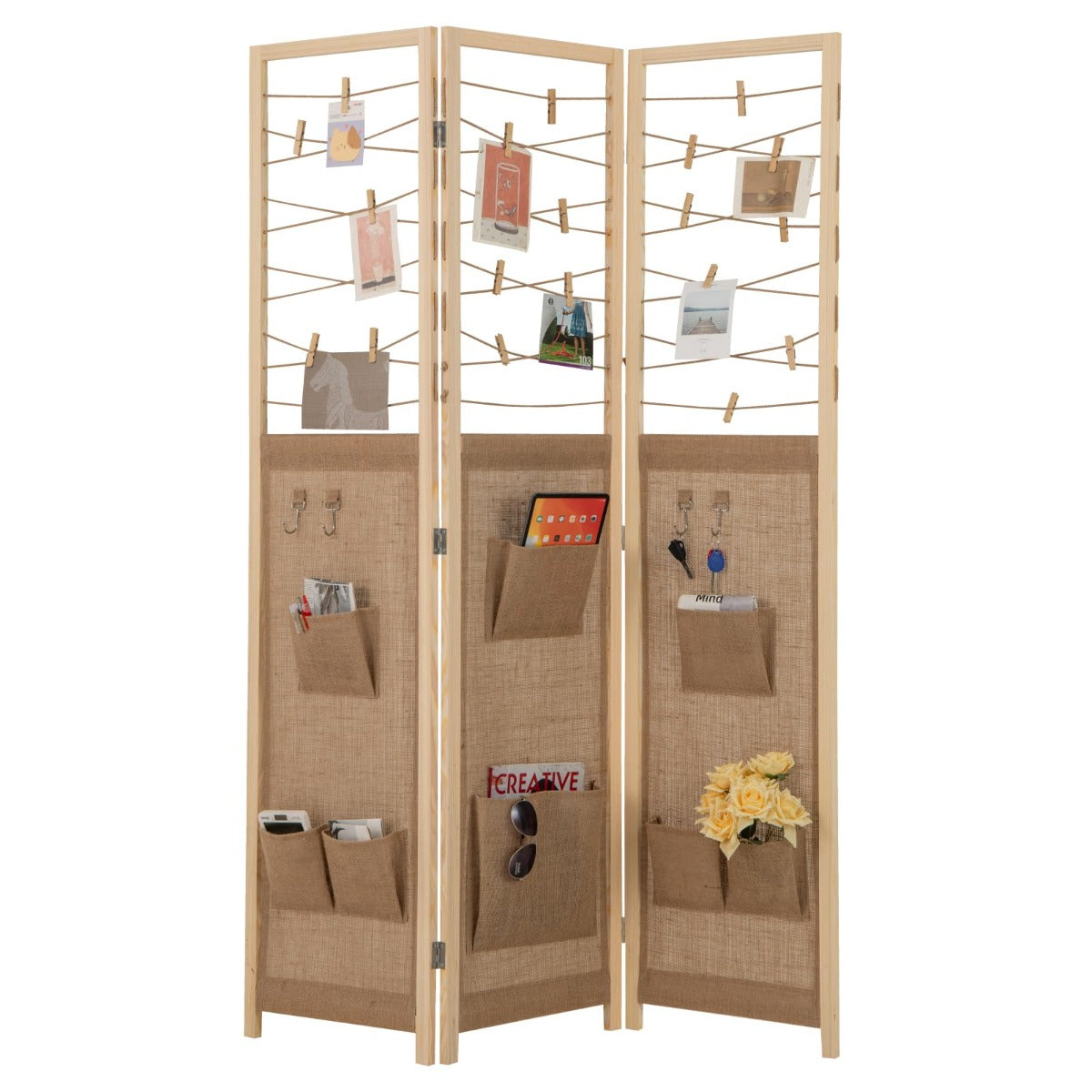 Biombo de 3 Painéis Separador Interior com 8 Bolsos 4 Ganchos Cordas de Juta e 20 Clipes de Bambu 120 x 170 cm