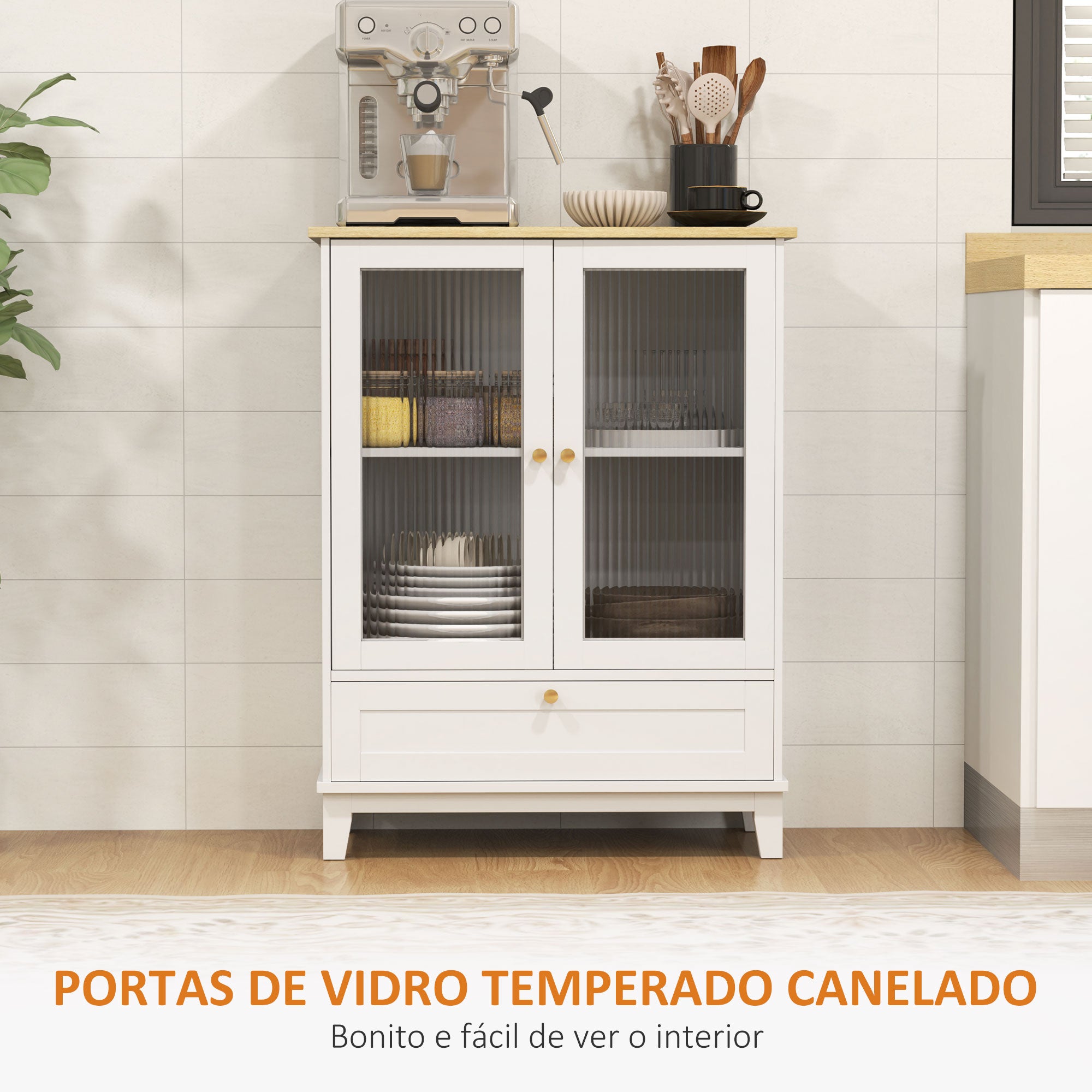 Aparador – 68x35x85 cm – Branco – Melamina de madeira e vidro temperado