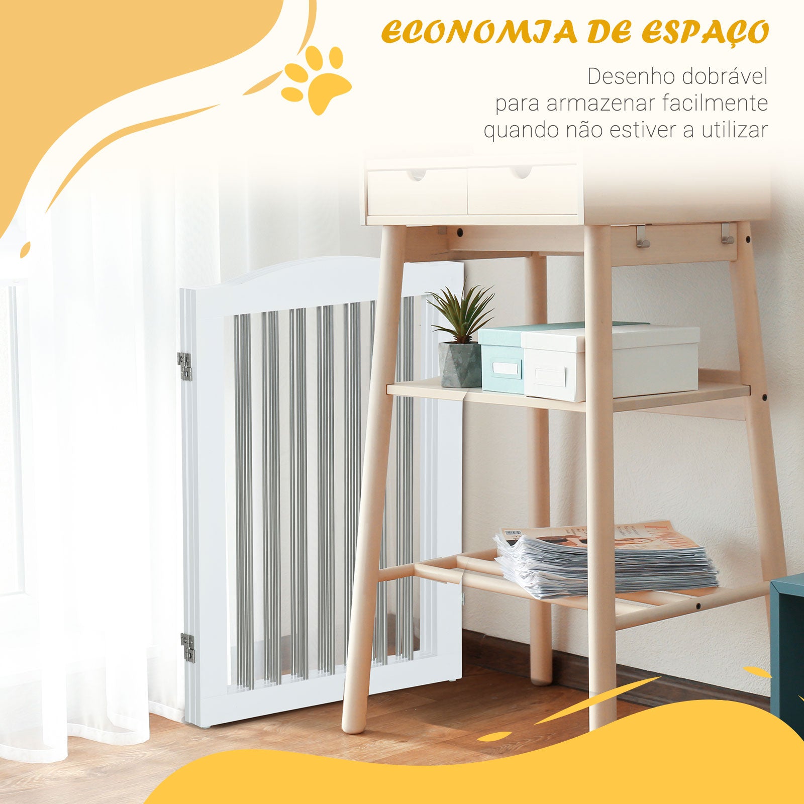 Barreira de Segurança para Cães – 154x30x80 cm – Branco – Madeira e Aço