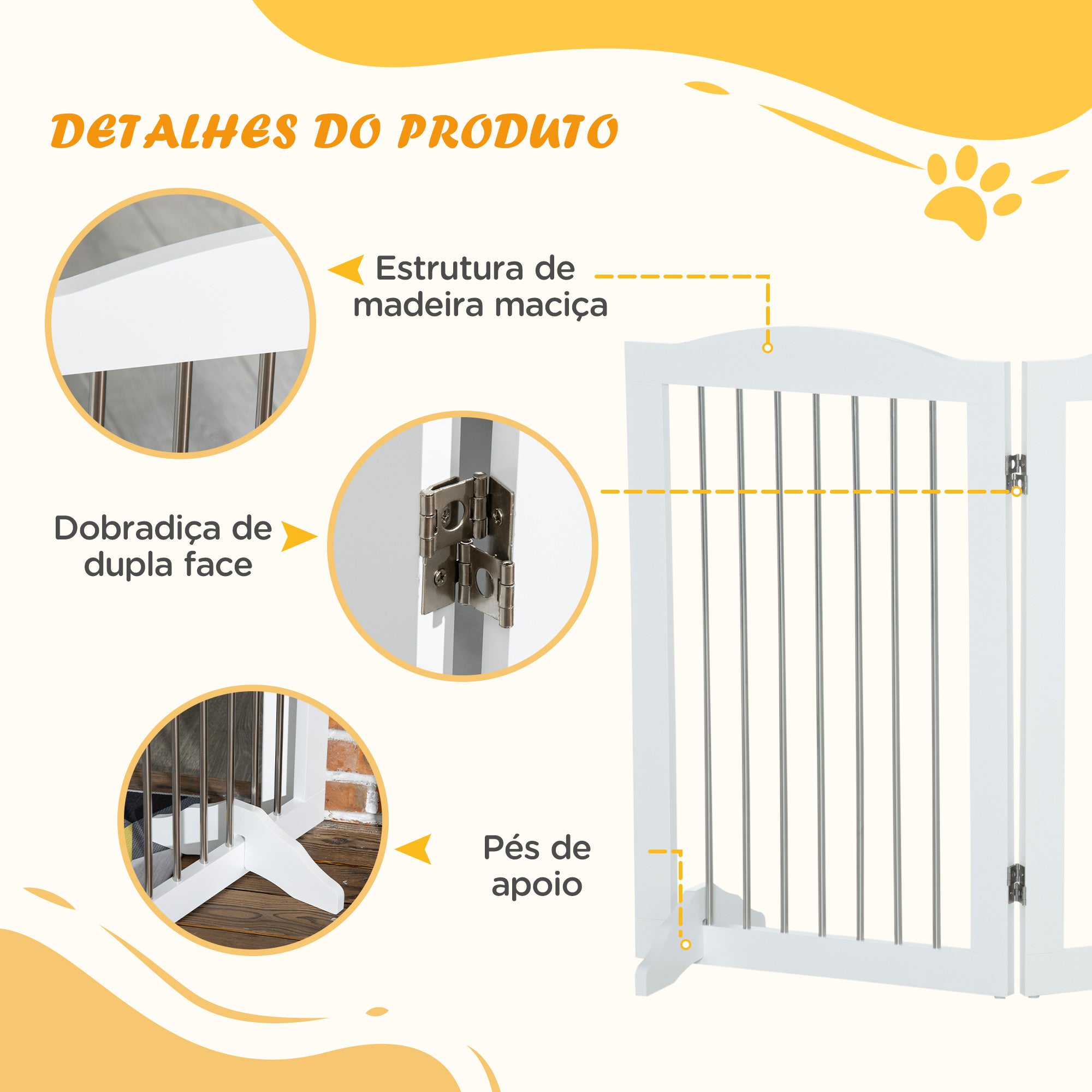 Barreira de Segurança para Cães – 154x30x80 cm – Branco – Madeira e Aço