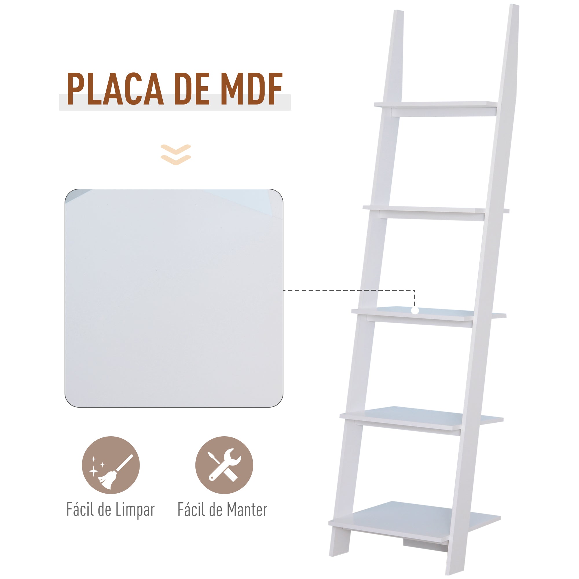 Estante em Forma de Escada com 5 Prateleiras Branco 50x40x195 cm