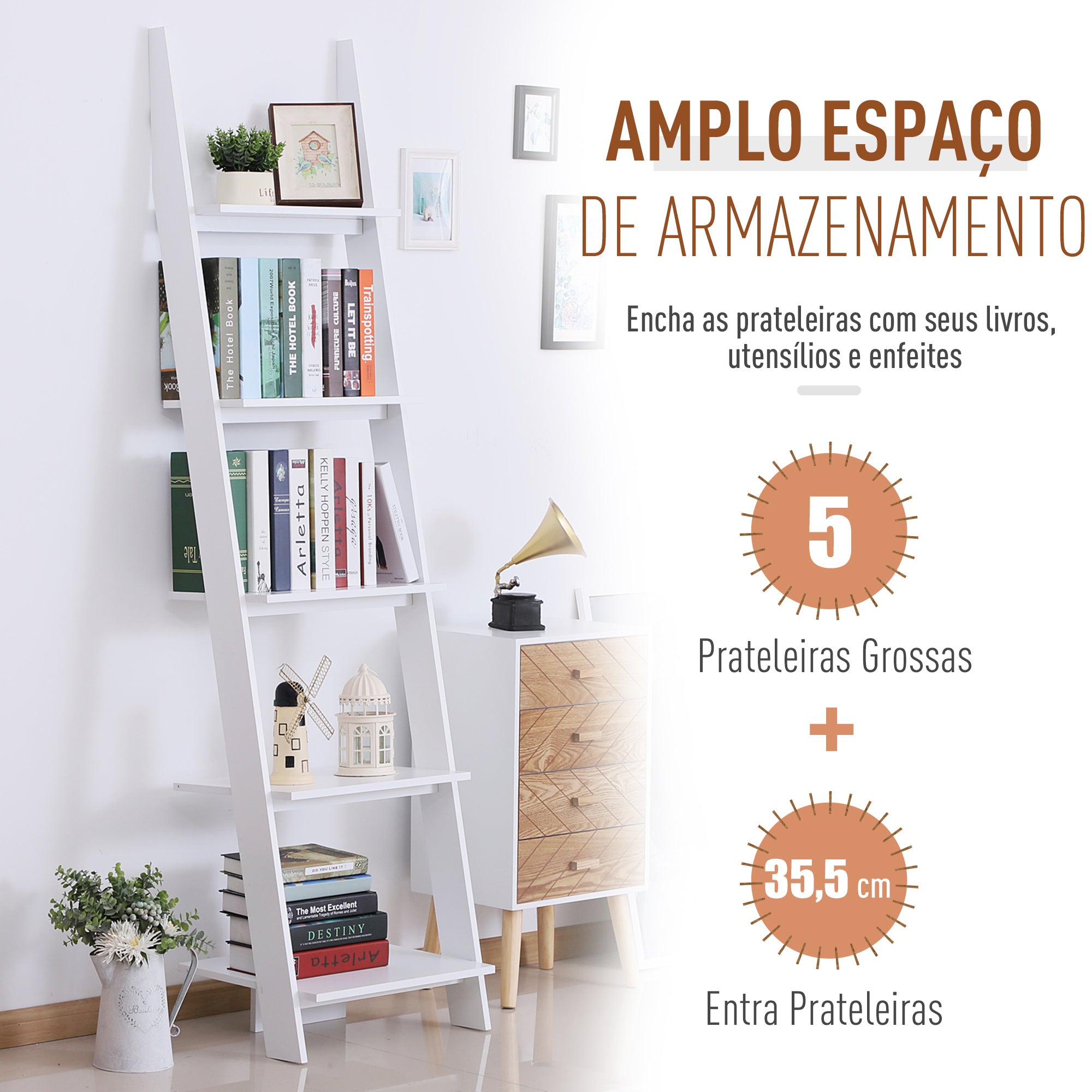 Estante em Forma de Escada com 5 Prateleiras Branco 50x40x195 cm