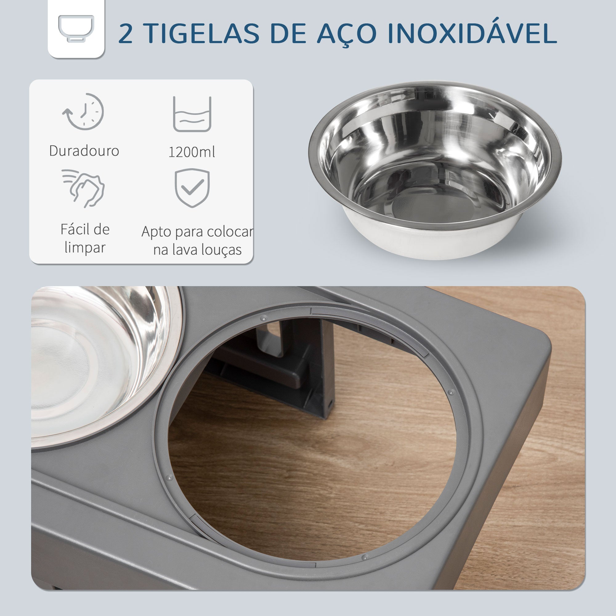 Comedouro Elevado para Cães com 2 Tigelas de Aço Inoxidável – 44x27.7x28cm – Cinzento