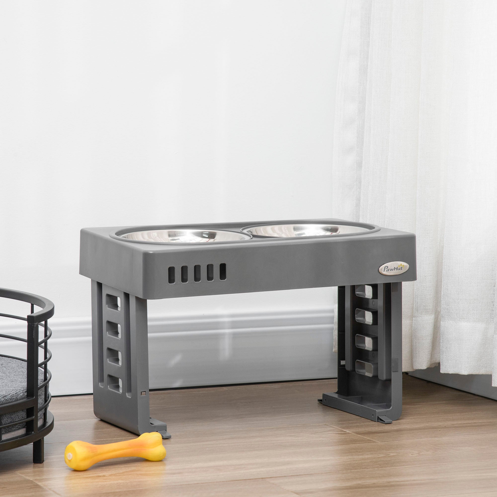 Comedouro Elevado para Cães com 2 Tigelas de Aço Inoxidável – 44x27.7x28cm – Cinzento
