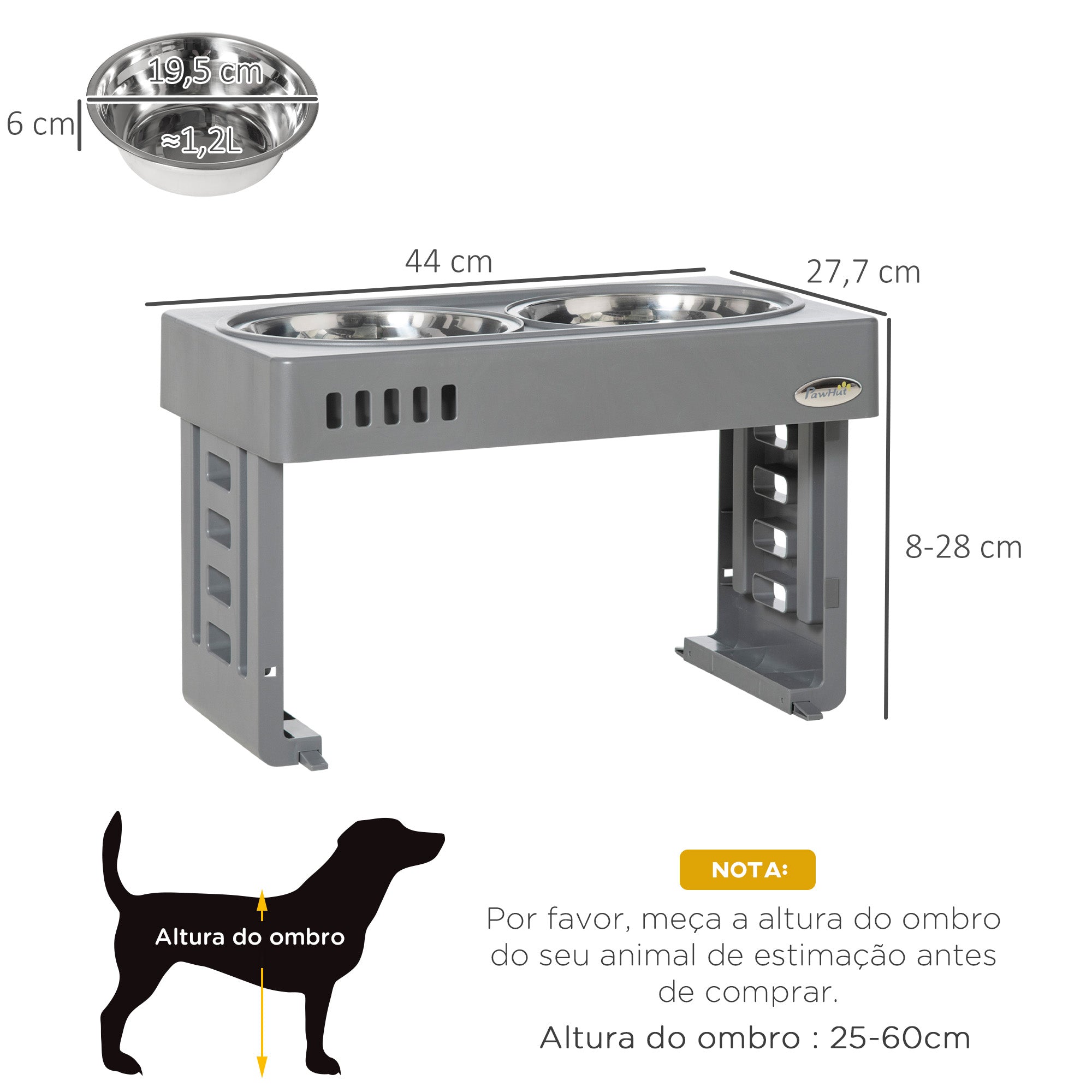 Comedouro Elevado para Cães com 2 Tigelas de Aço Inoxidável – 44x27.7x28cm – Cinzento
