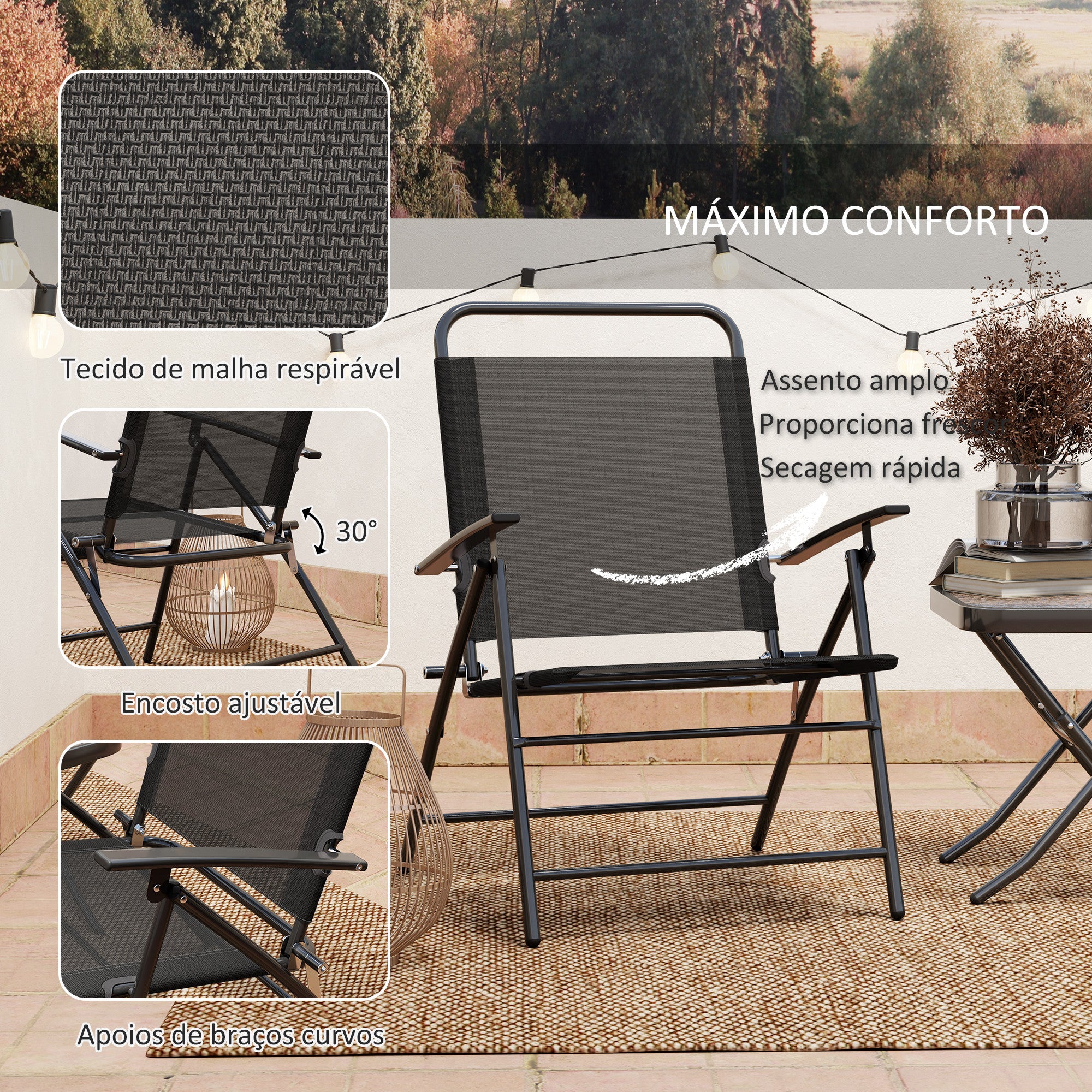 Conjunto de Mesa e Cadeiras de Jardim – 64x70x87 cm – Preto – Aço