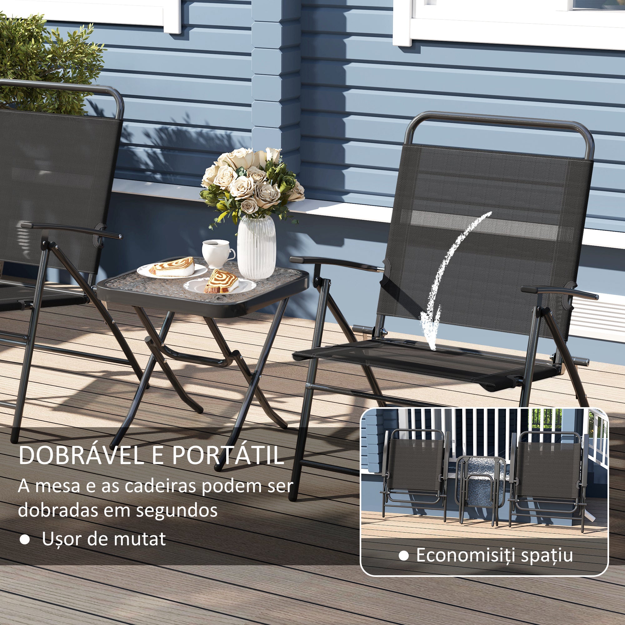 Conjunto de Mesa e Cadeiras de Jardim – 64x70x87 cm – Preto – Aço