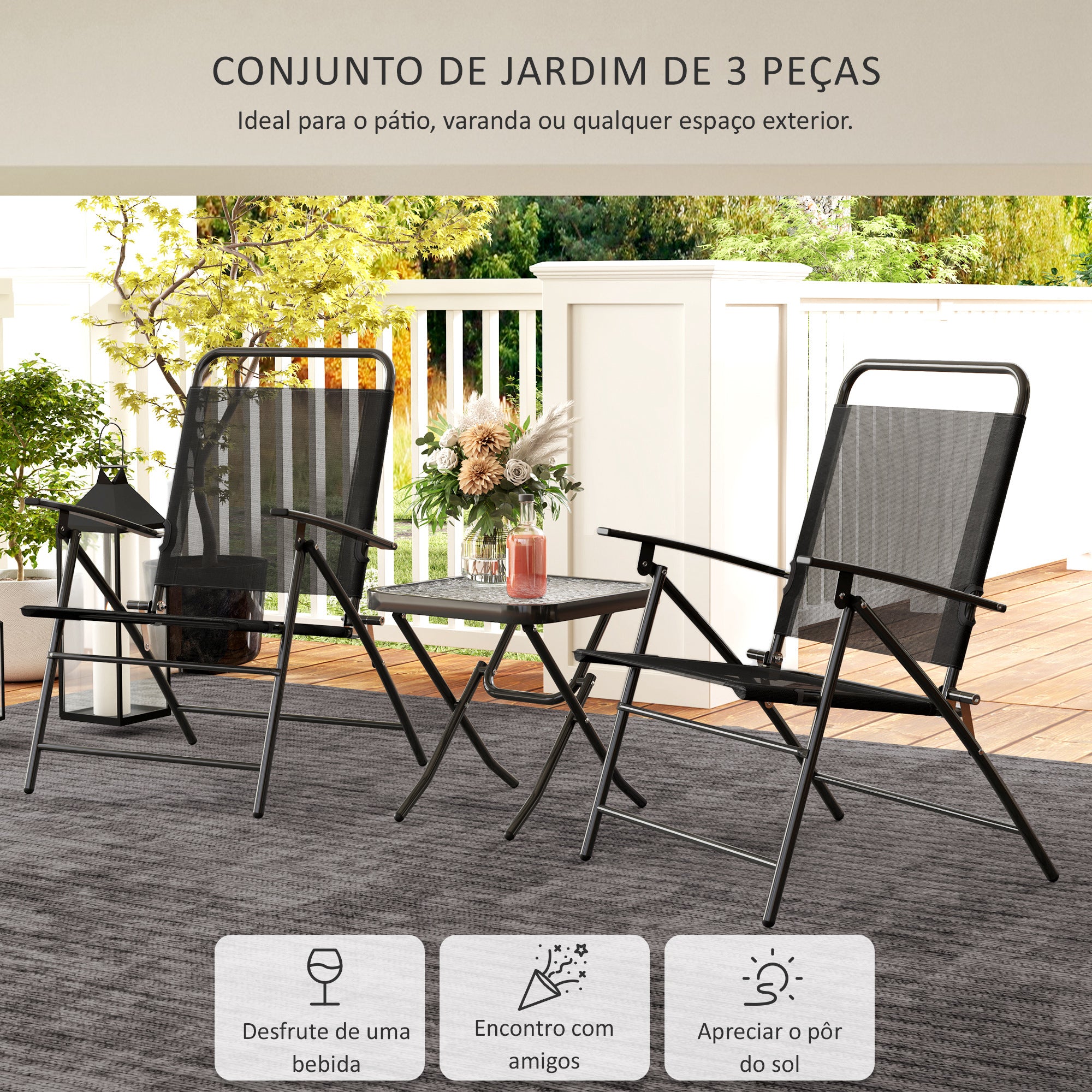 Conjunto de Mesa e Cadeiras de Jardim – 64x70x87 cm – Preto – Aço