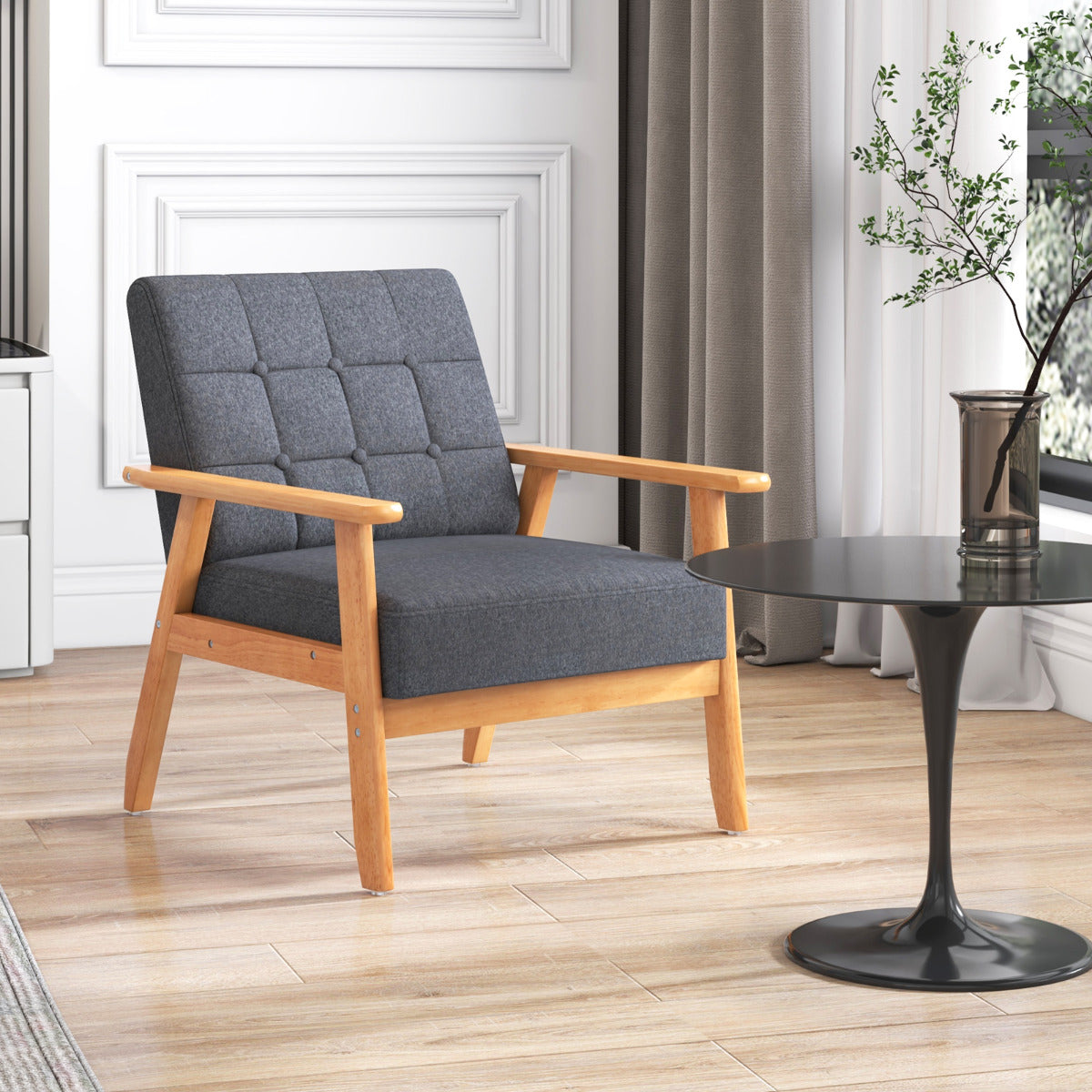 Poltrona Estofada – 72 x 65 x 76 cm – Cinzento – Tecido de Linho e Madeira de Borracha