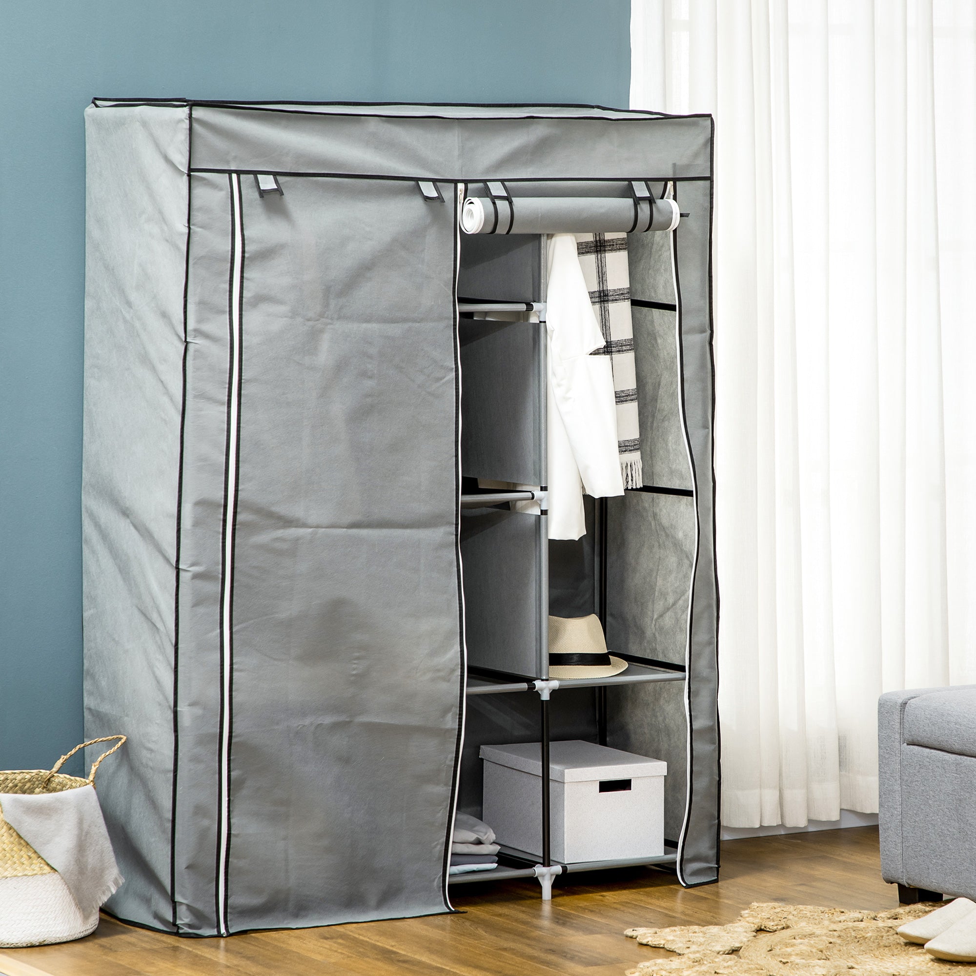 Roupeiro de Tecido Dobrável com 8 Prateleiras - 125x43x162,5cm (Cinza Claro)