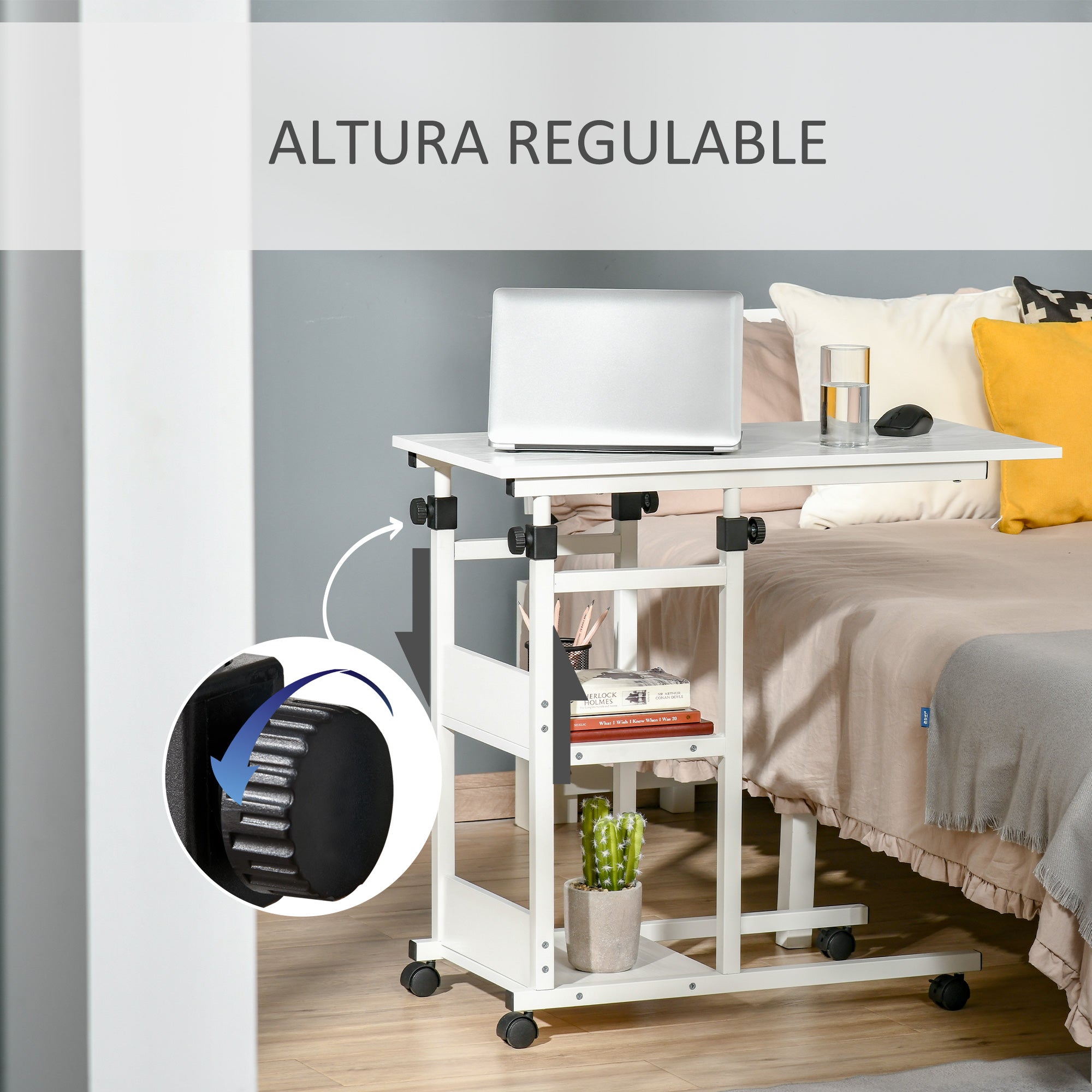 Mesa Lateral em Forma de C com 4 Rodas Giratórias e Altura Ajustável 80x40x72-82cm Branco