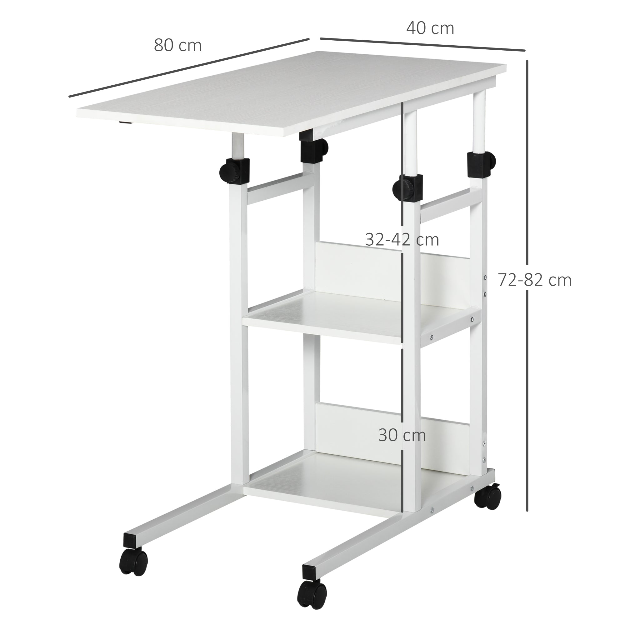 Mesa Lateral em Forma de C com 4 Rodas Giratórias e Altura Ajustável 80x40x72-82cm Branco