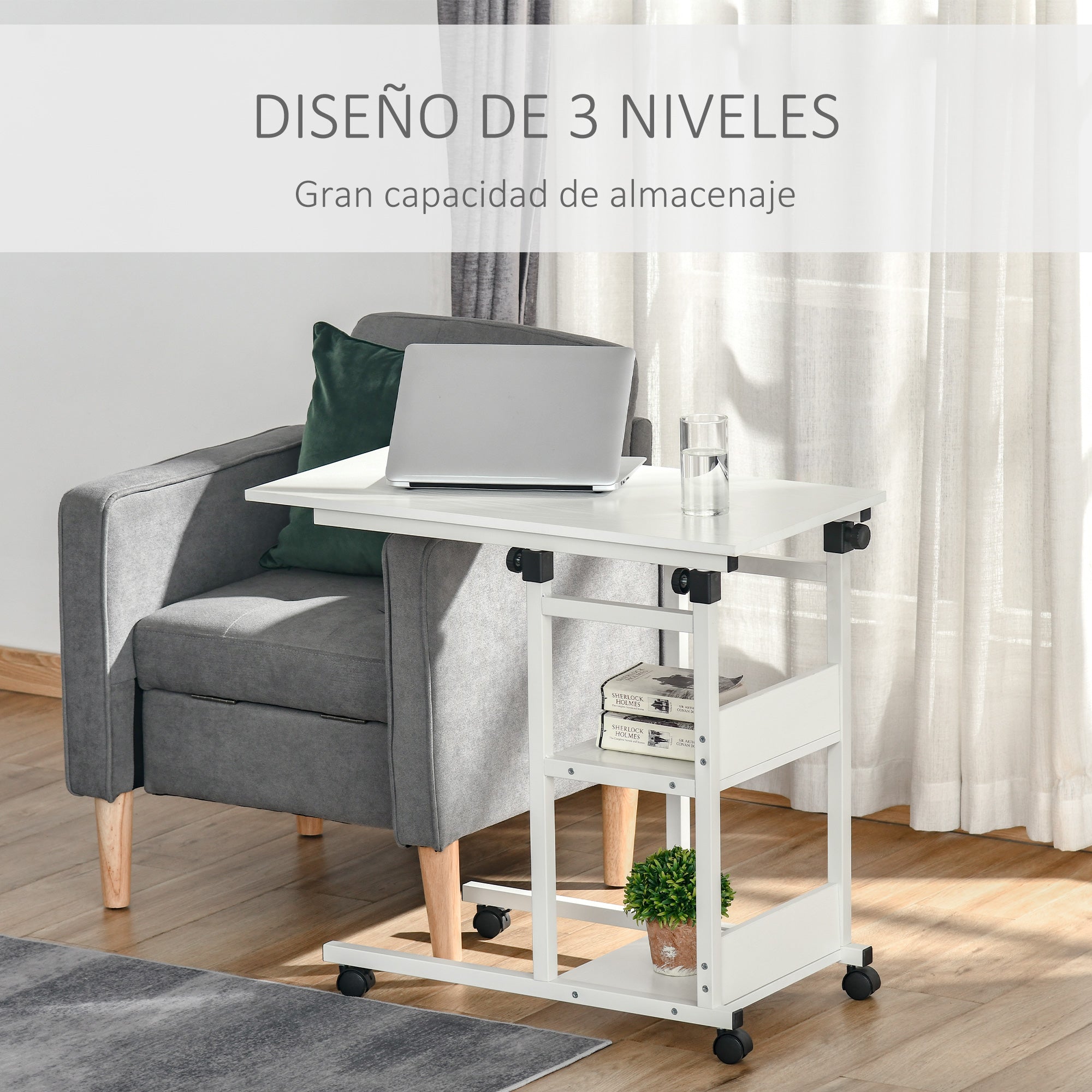 Mesa Lateral em Forma de C com 4 Rodas Giratórias e Altura Ajustável 80x40x72-82cm Branco