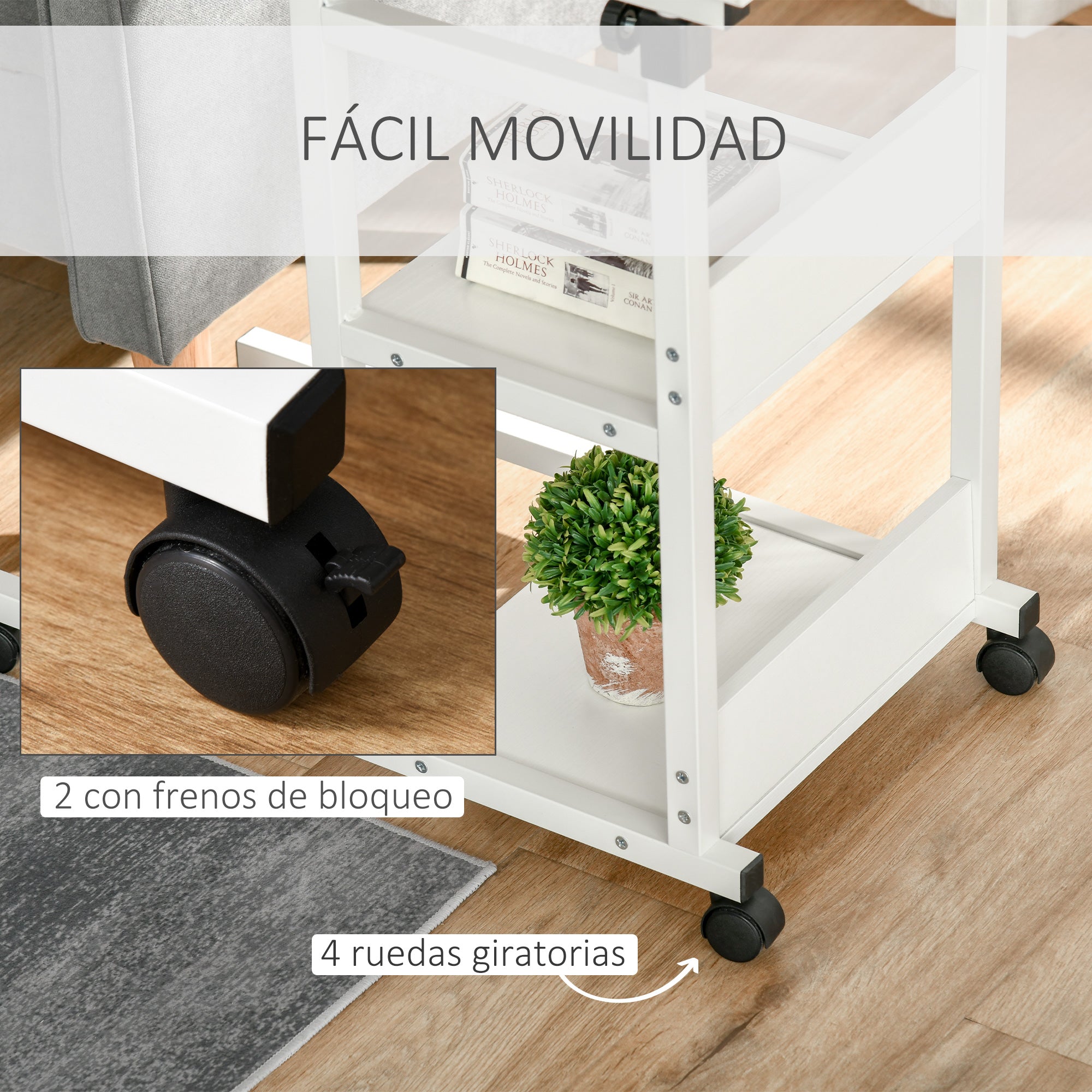 Mesa Lateral em Forma de C com 4 Rodas Giratórias e Altura Ajustável 80x40x72-82cm Branco