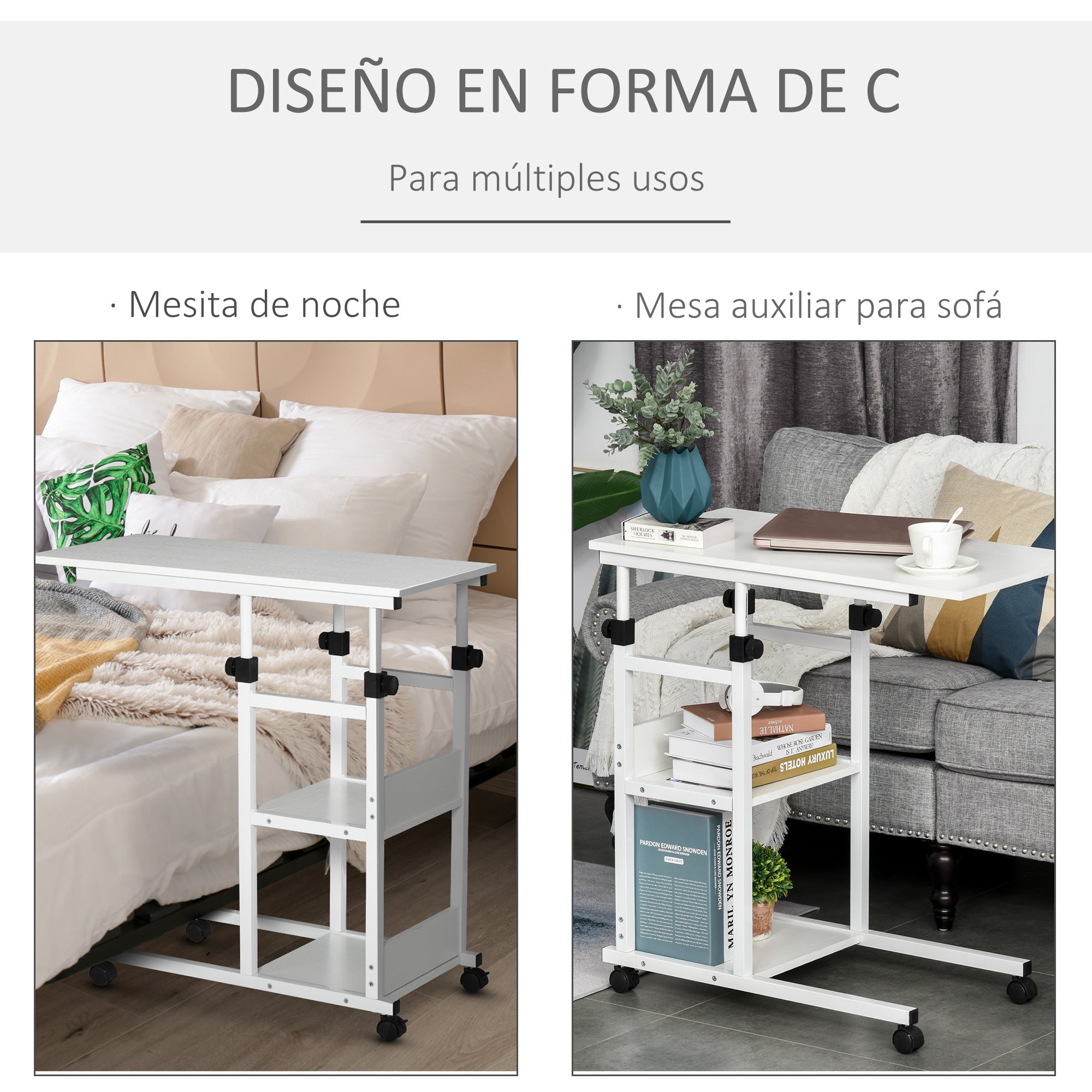 Mesa Lateral em Forma de C com 4 Rodas Giratórias e Altura Ajustável 80x40x72-82cm Branco