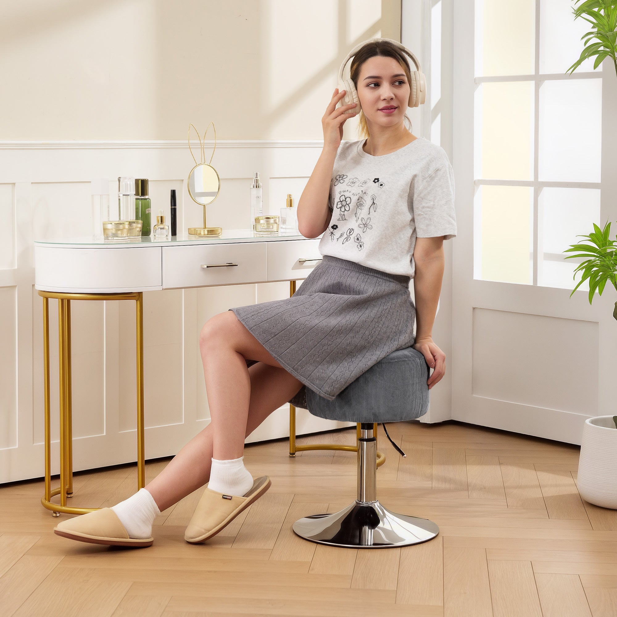 Banco de Bar Giratório em Veludo Cinzento Ø38x52-66 cm