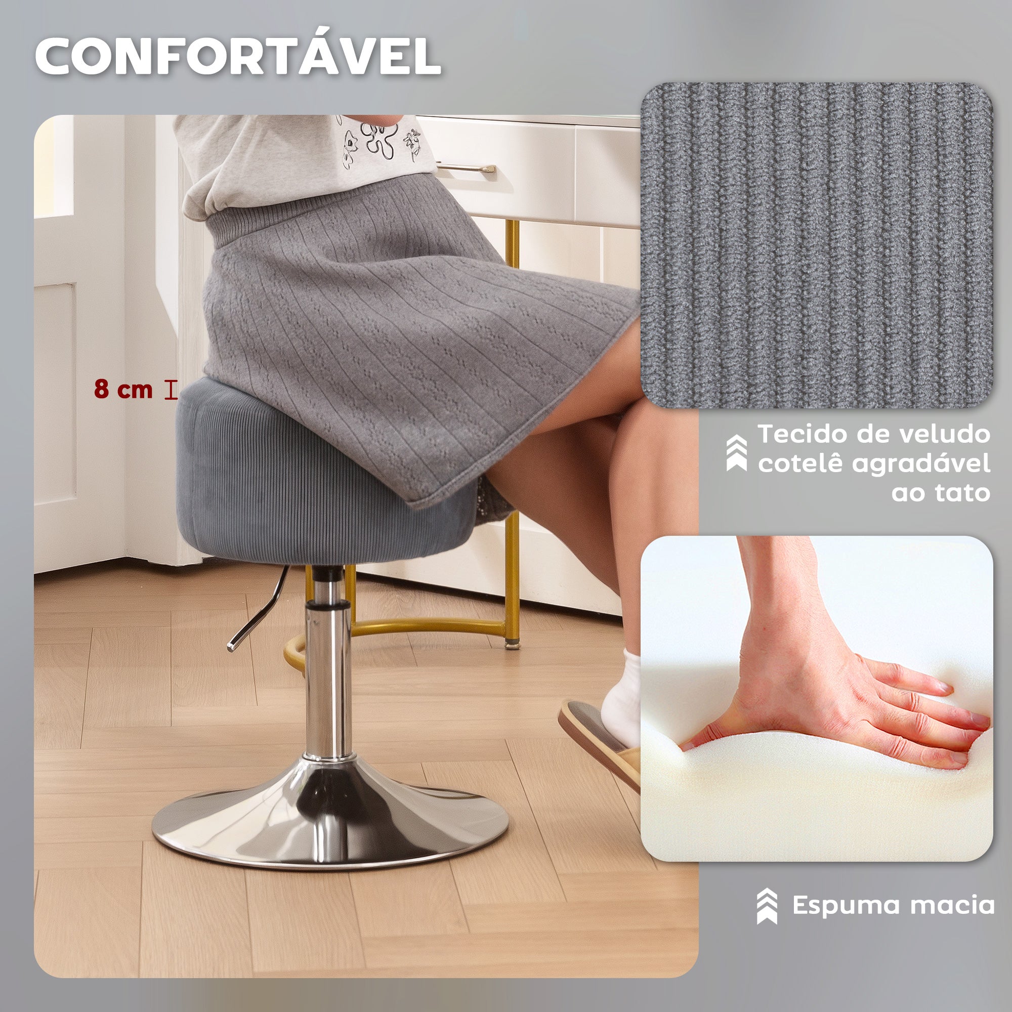 Banco de Bar Giratório em Veludo Cinzento Ø38x52-66 cm
