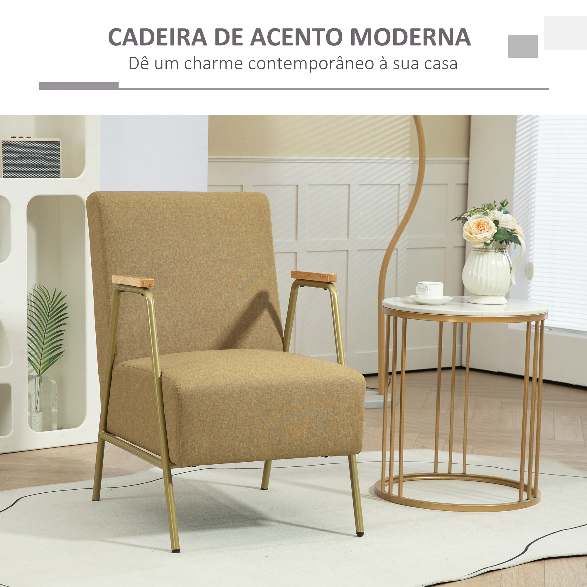 Poltrona Individual Castanha 62x81x92 cm - Estilo Moderno - Estrutura em Aço Dourado