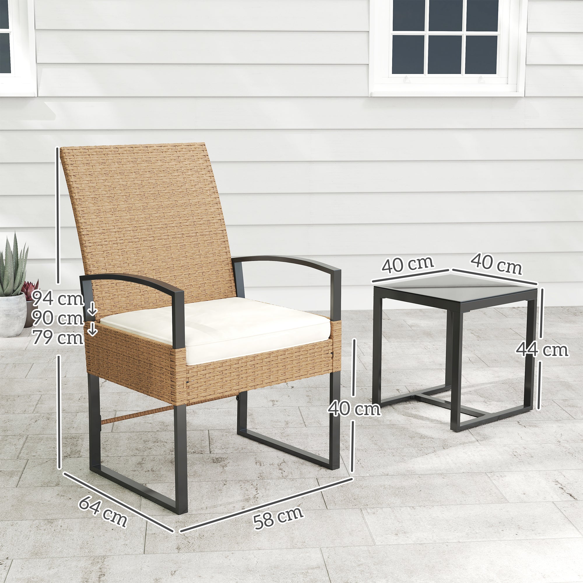 Conjunto de Jardim de 3 Peças com 2 Cadeiras e Mesa de Vime Bege e Branco 58x64x94 cm