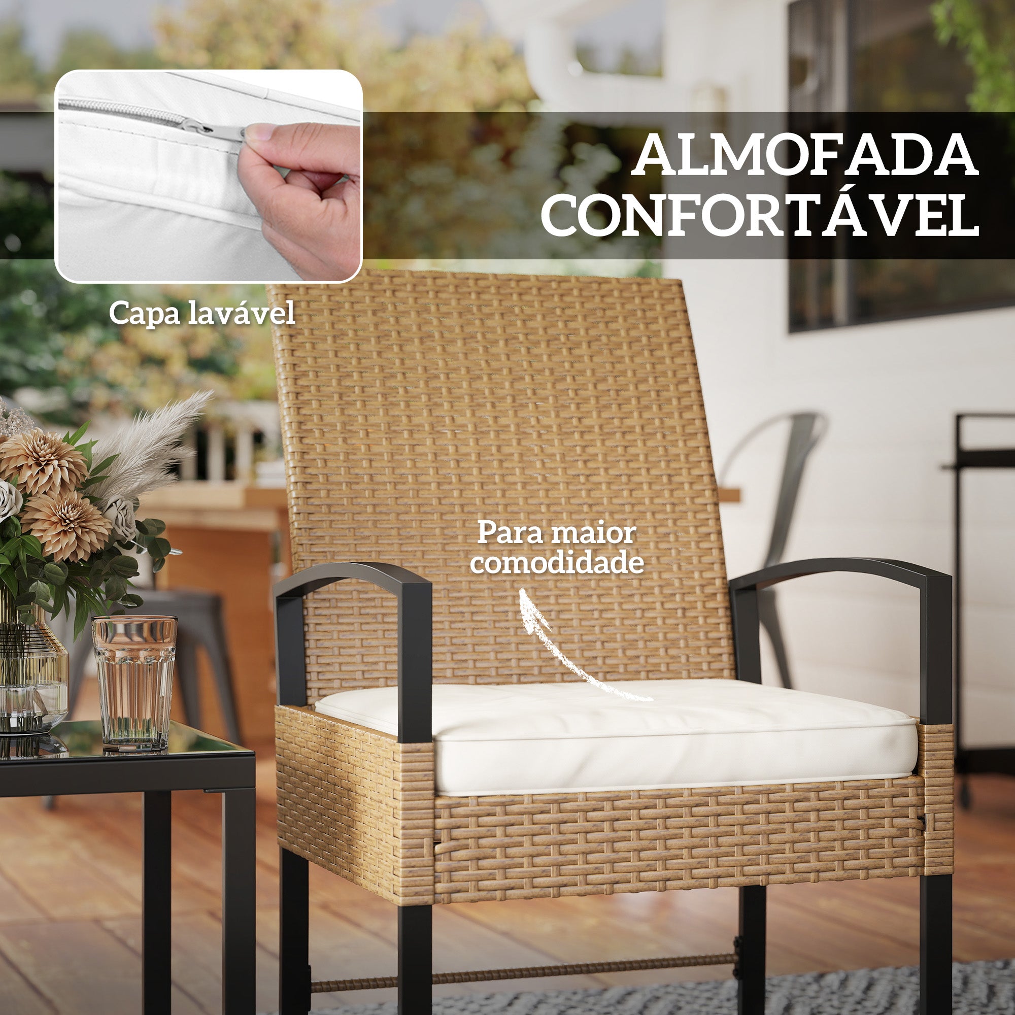 Conjunto de Jardim de 3 Peças com 2 Cadeiras e Mesa de Vime Bege e Branco 58x64x94 cm