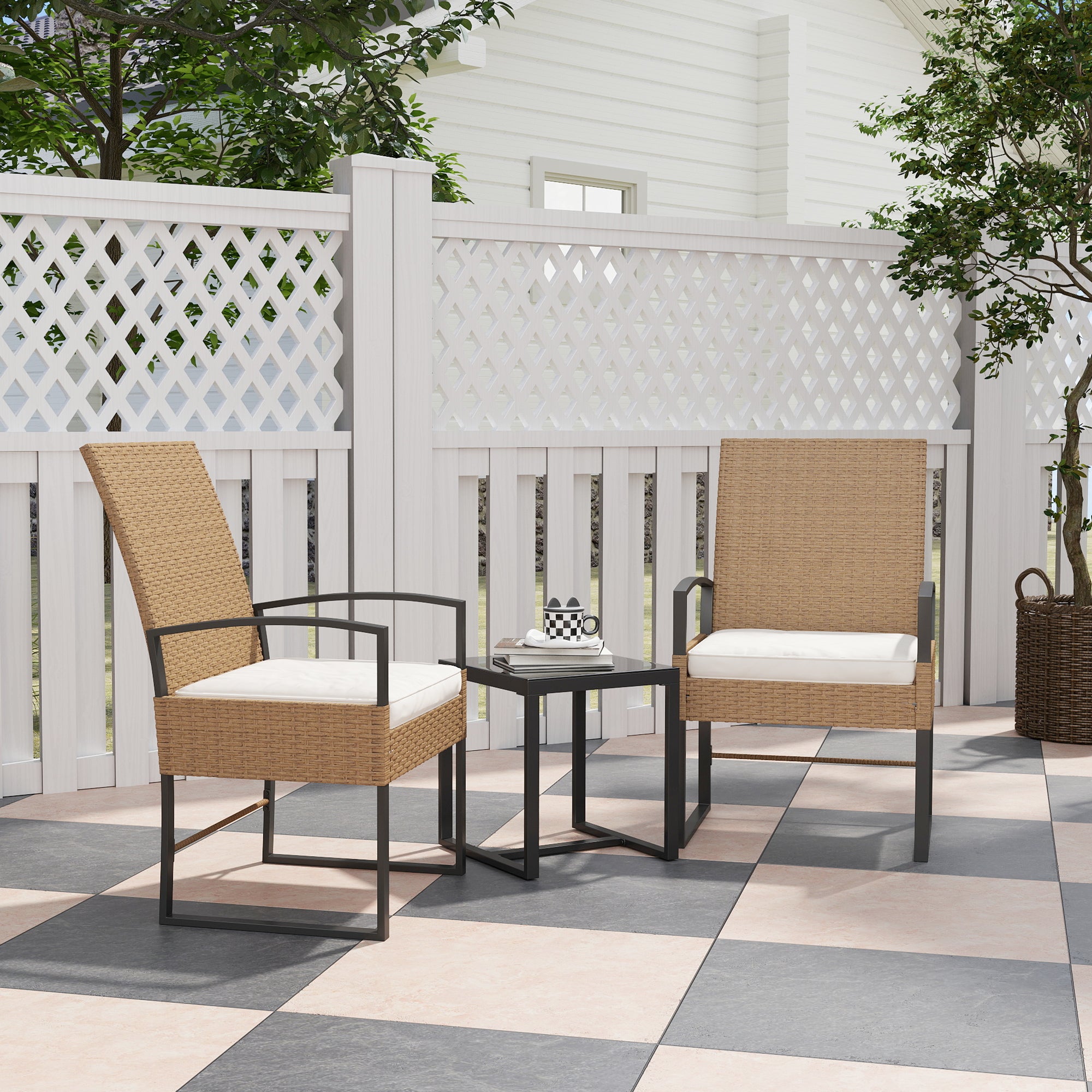 Conjunto de Jardim de 3 Peças com 2 Cadeiras e Mesa de Vime Bege e Branco 58x64x94 cm