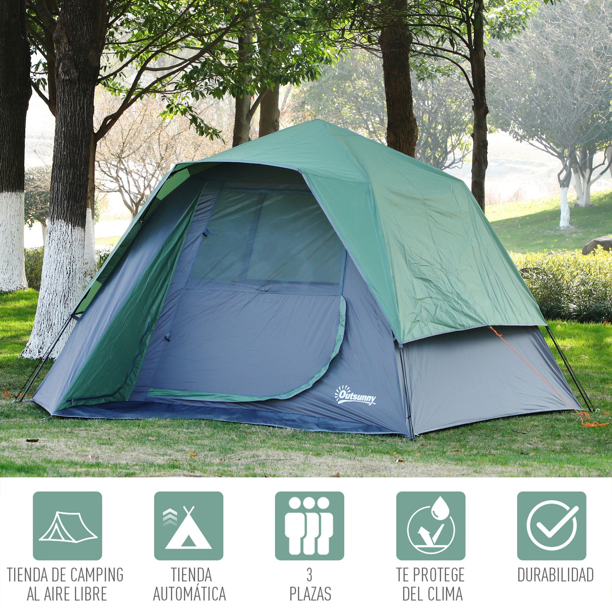 Tenda de Campismo para 2-3 Pessoas – 250x194x160 cm – Verde – Poliéster, Oxford, Fibra de Vidro