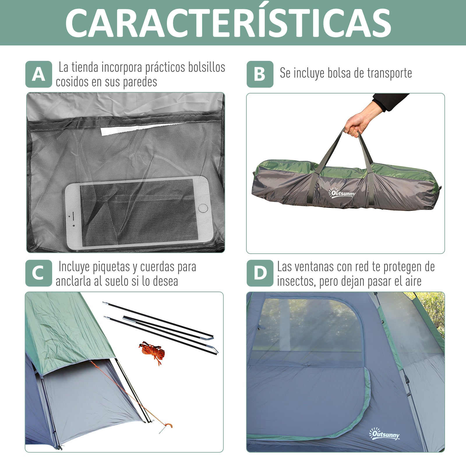 Tenda de Campismo para 2-3 Pessoas – 250x194x160 cm – Verde – Poliéster, Oxford, Fibra de Vidro