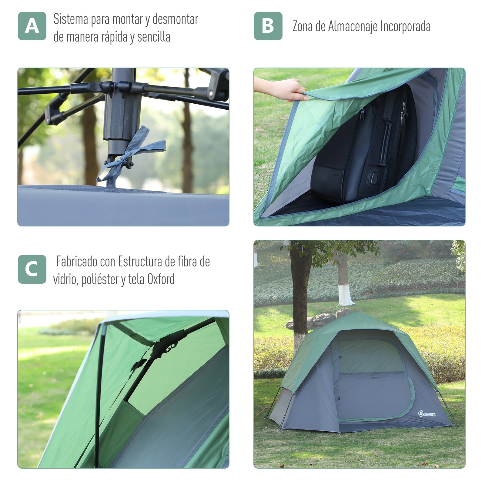 Tenda de Campismo para 2-3 Pessoas – 250x194x160 cm – Verde – Poliéster, Oxford, Fibra de Vidro
