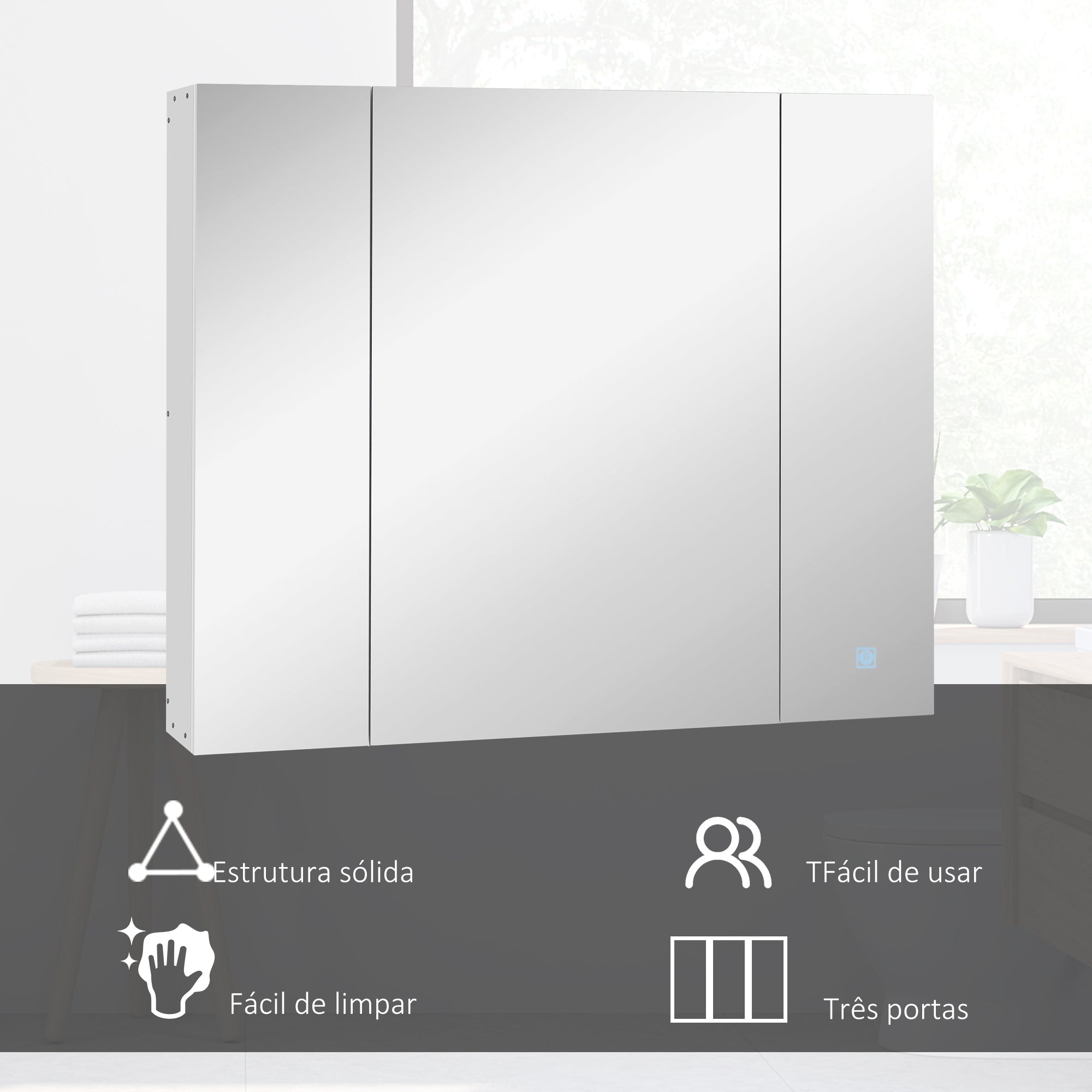 Armário de Casa de Banho com Espelho e Luzes LED – 90x15x75 cm – Branco – Melamina, MDF e vidro