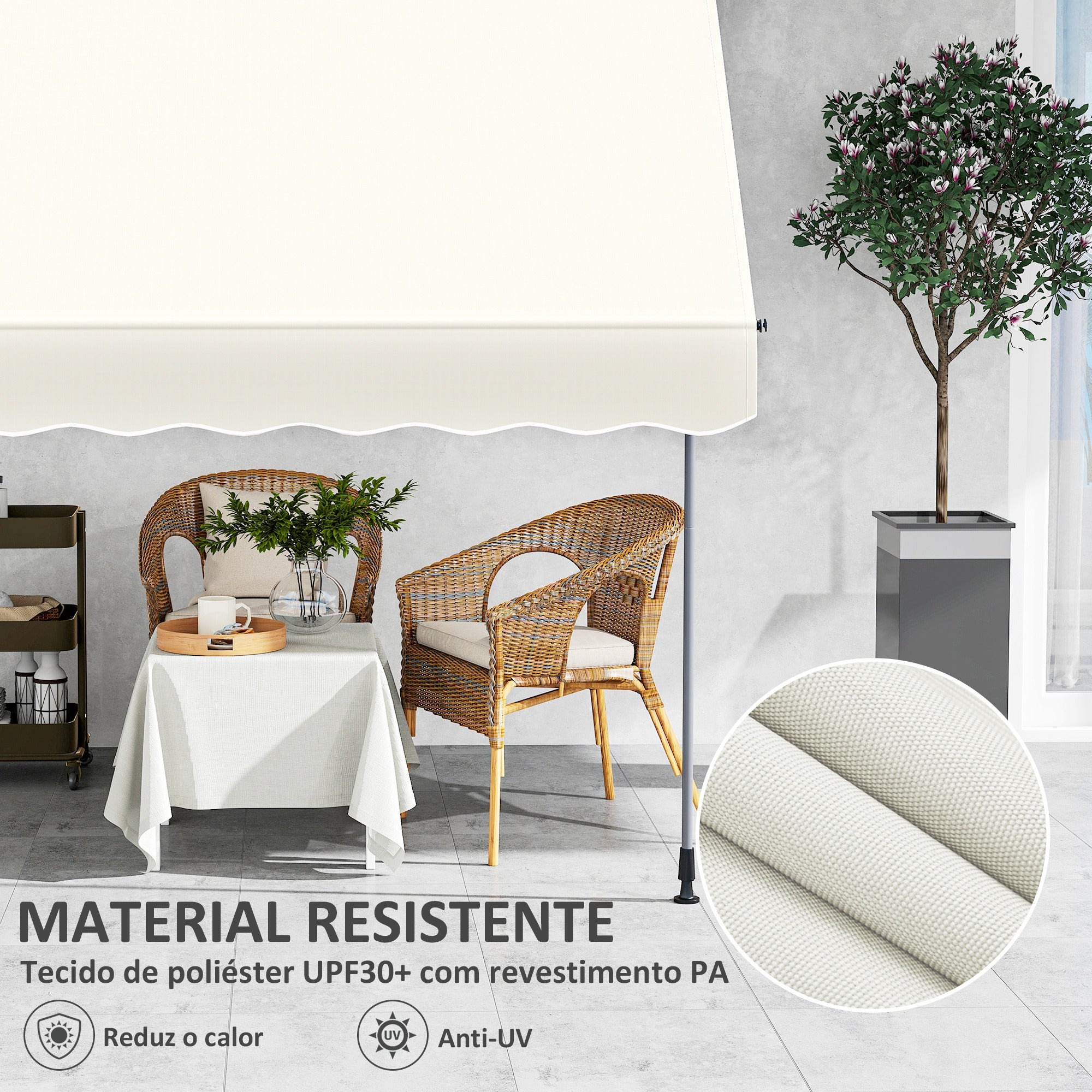 Toldo Manual Retrátil 200x120 cm Creme Branco - Altura Ajustável 210-310 cm