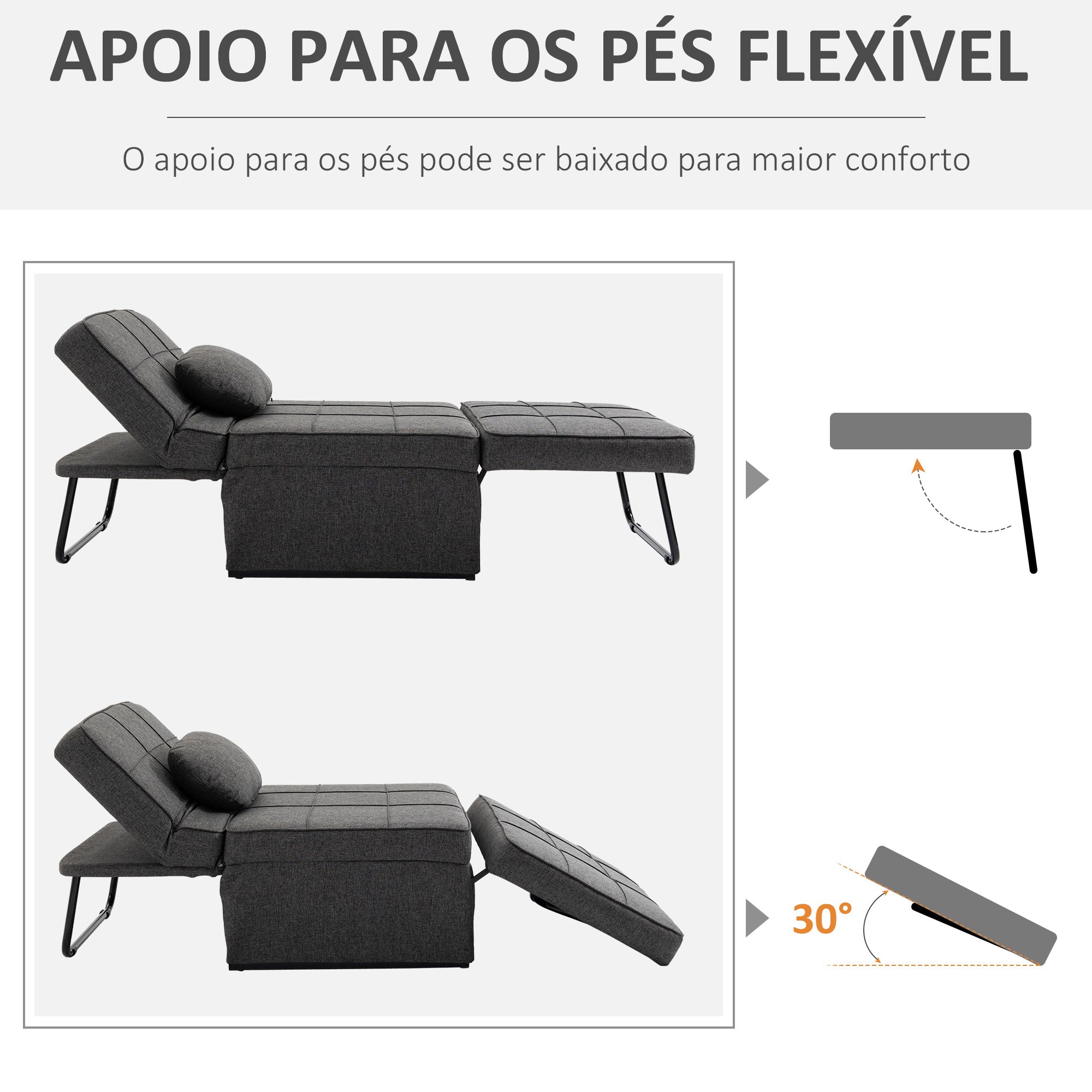 Sofá Cama Individual Estofado em Linho 95x189x43cm - Cinzento