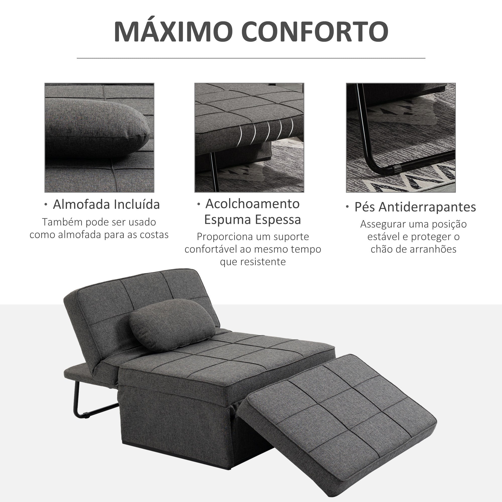 Sofá Cama Individual Estofado em Linho 95x189x43cm - Cinzento