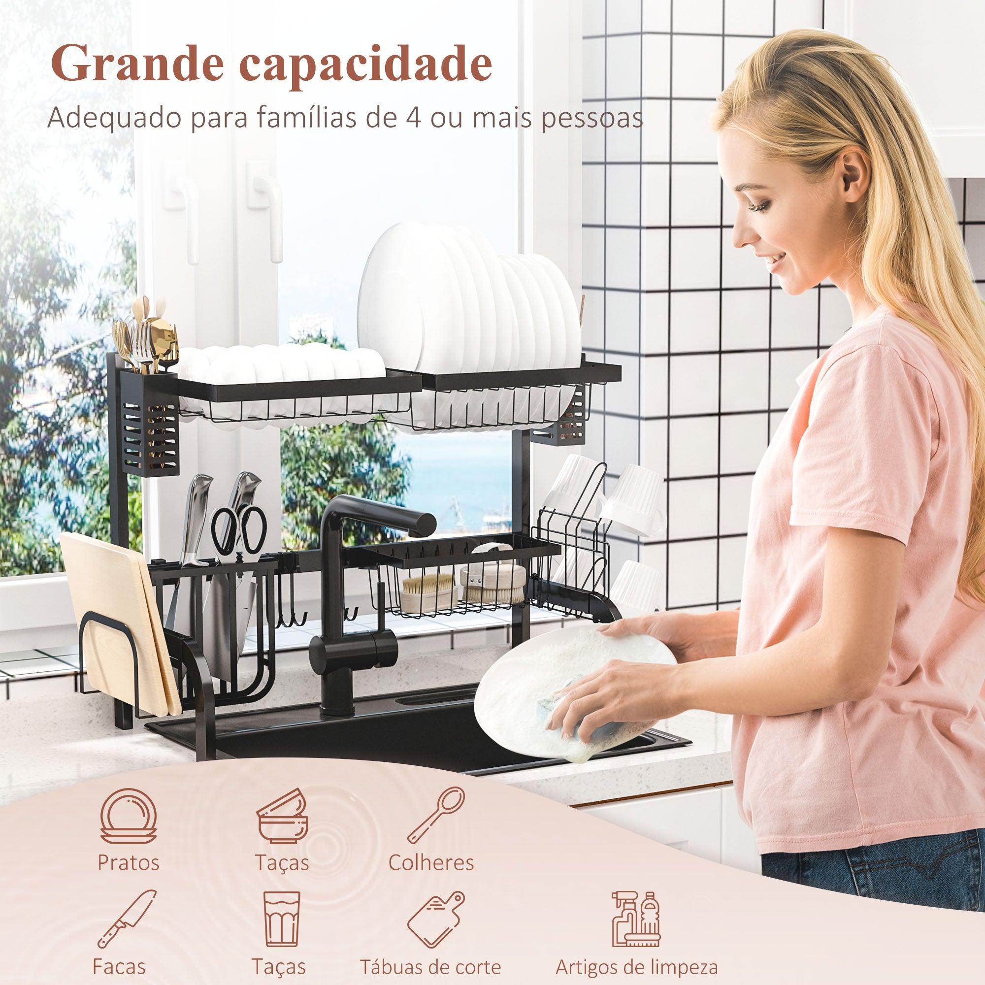 Escorredor de Louça 2 Níveis – 65x31,5x52,5cm – Preto – Aço
