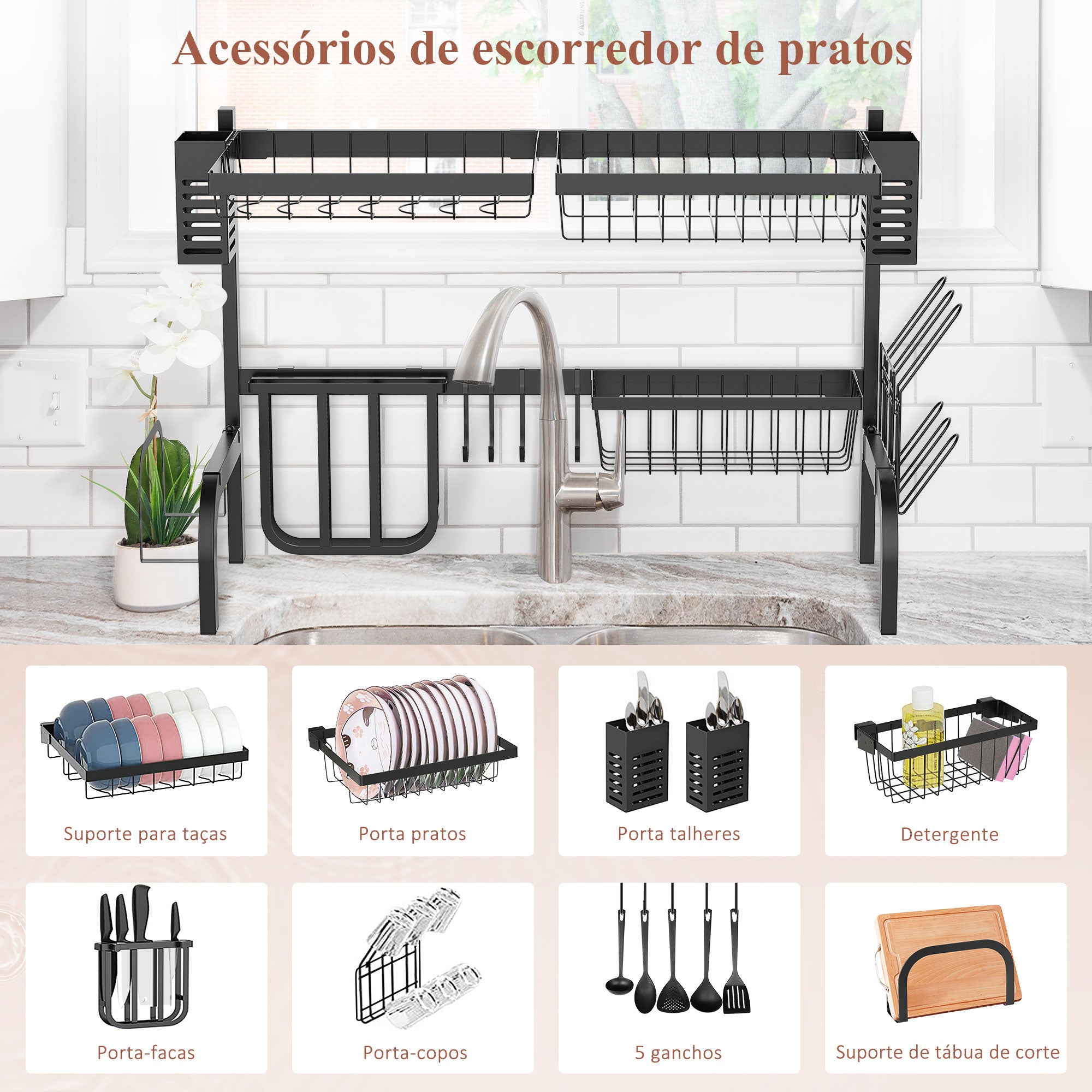 Escorredor de Louça 2 Níveis – 65x31,5x52,5cm – Preto – Aço