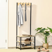 Cabide Suporte 3 Prateleiras 8 Ganchos Preto e Madeira 60x40x175 cm