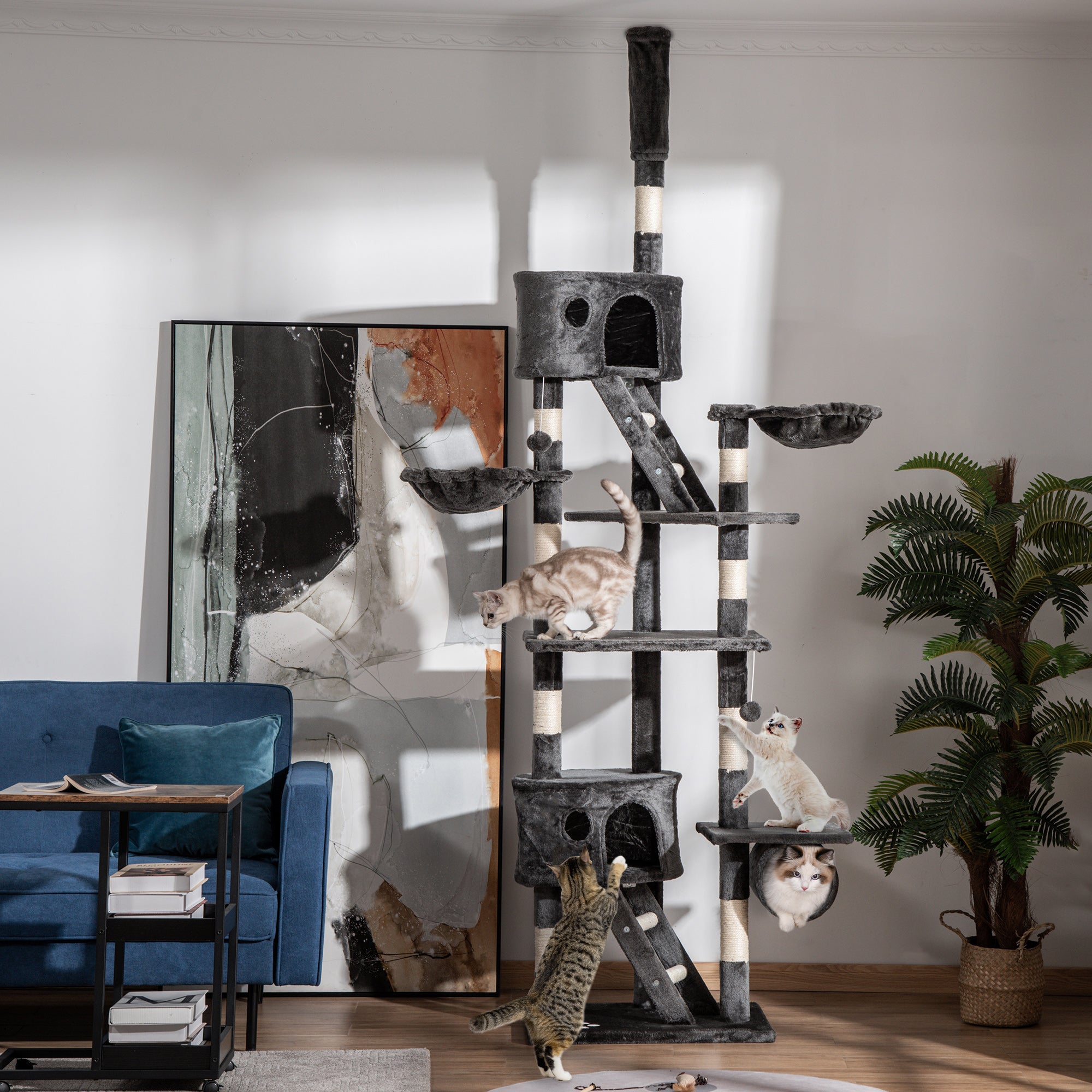 Árvore Arranhador para Gatos Cinza Escuro 60x45x260 cm - Múltiplas Plataformas e Escadas