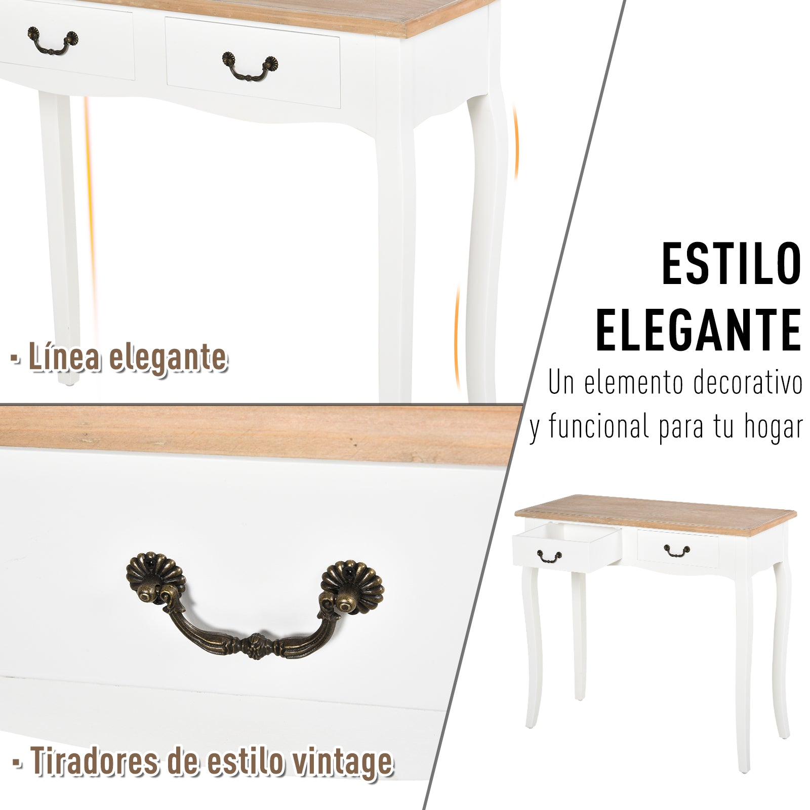 Mesa Consola com 2 Gavetas 87x34x78,5cm Branco e Madeira