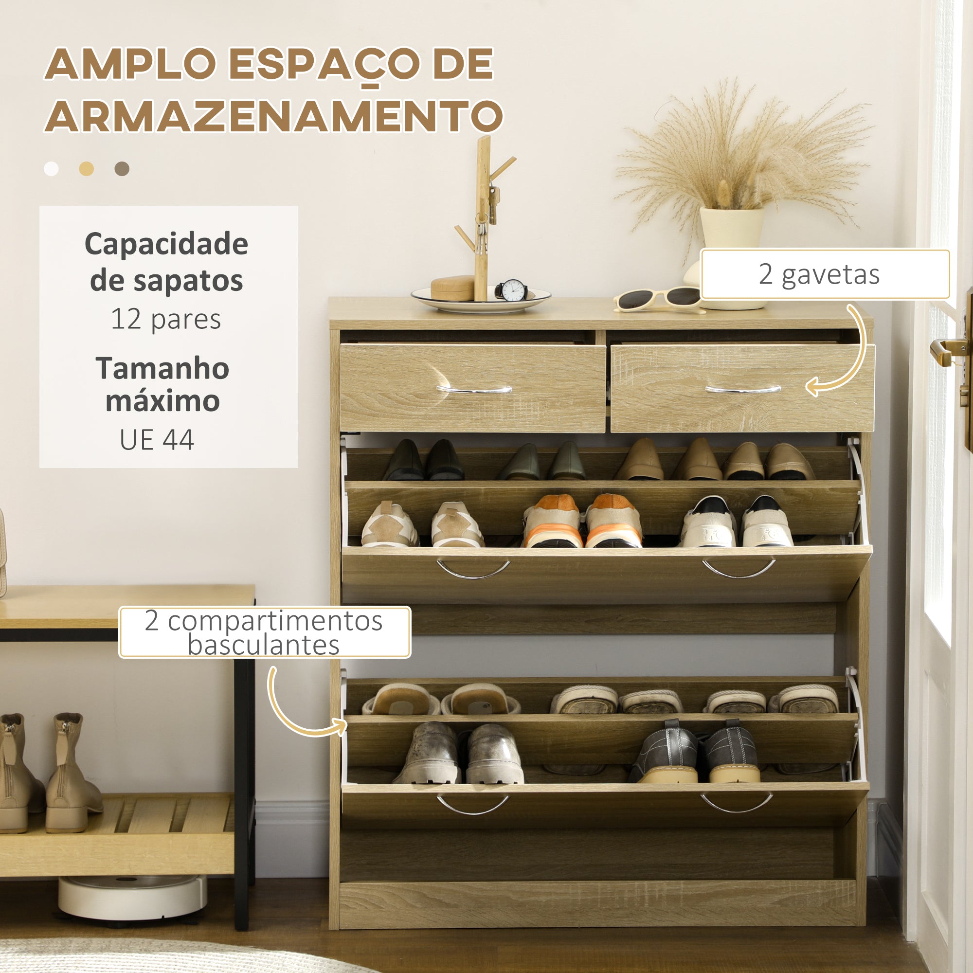 Sapateira Móvel Estreita – 80x30x91,5 cm – Cor de Carvalho – Melamina