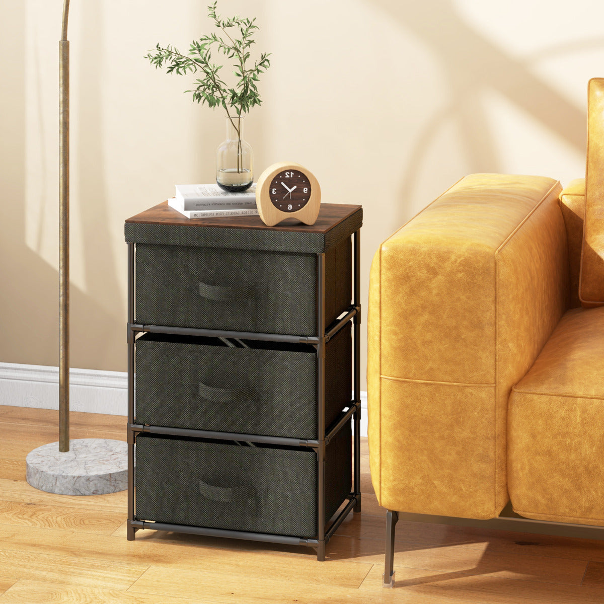 Cómoda de Armazenamento em Tecido – 3 Níveis – Preto – Estrutura Metálica