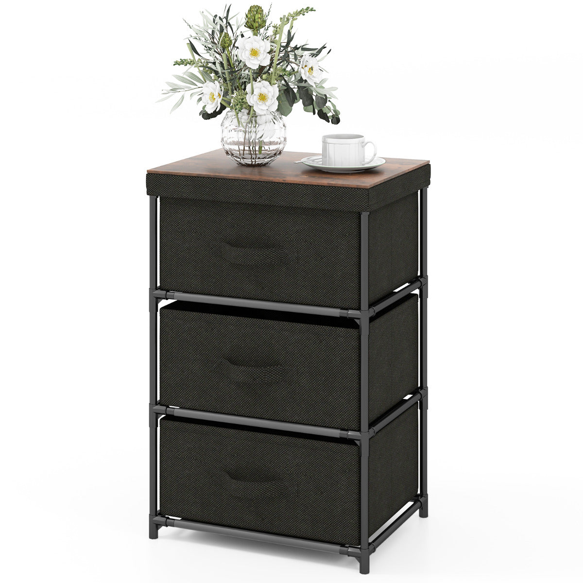 Cómoda de Armazenamento em Tecido – 3 Níveis – Preto – Estrutura Metálica