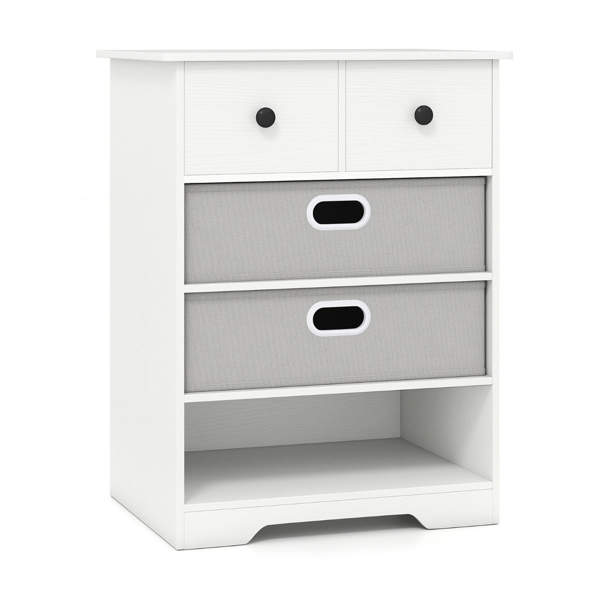 Cómoda Multifuncional com 4 Gavetas e Estantes Abertos em Branco e Cinzento