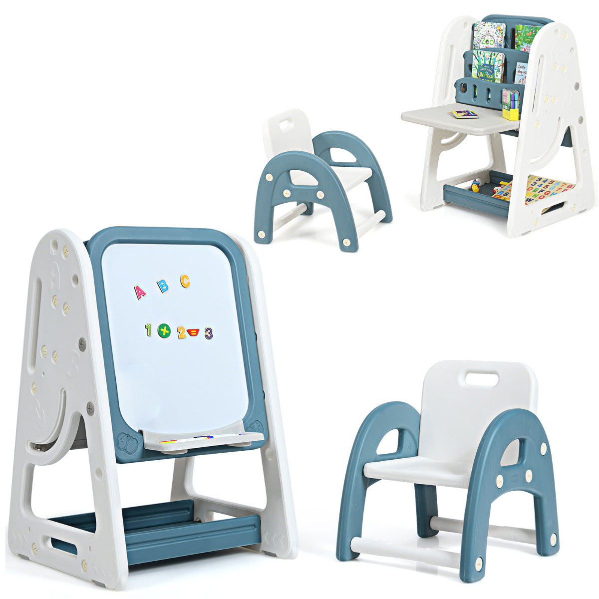 Caballete para Pintura 2 em 1 para Crianças Quadro de Dupla Face e Estante com Cadeira e Superfície Dobrável Azul 62,5 x 53 x 71-100 cm