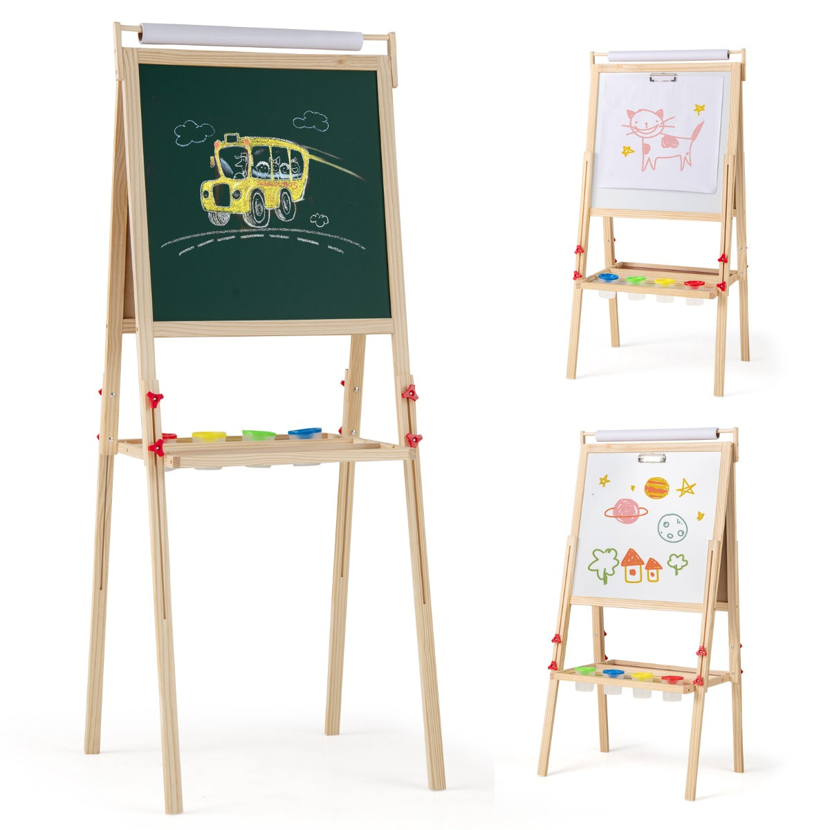 Cavalete de Arte 3 em 1 para Crianças Ajustável de Dupla Face com Quadro Magnético e Quadro Branco Rolo de Papel