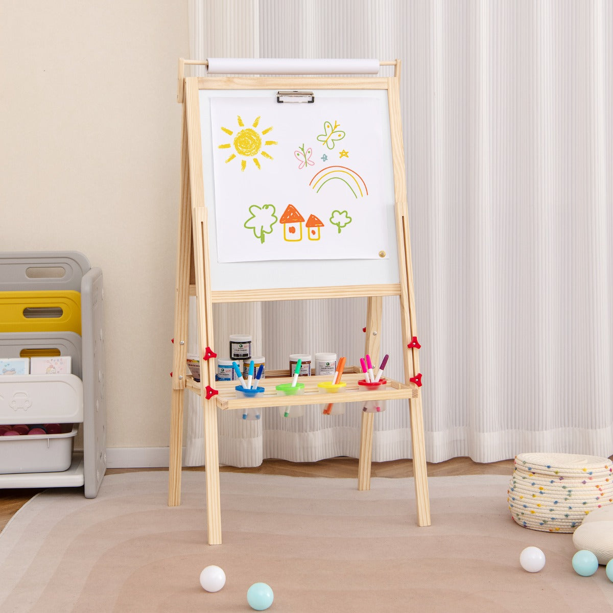 Cavalete de Arte 3 em 1 para Crianças Ajustável de Dupla Face com Quadro Magnético e Quadro Branco Rolo de Papel