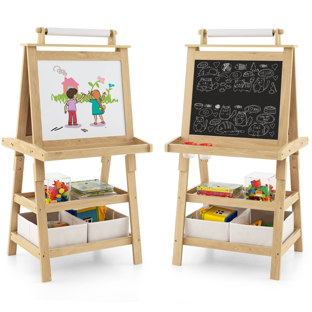 Caballete para Crianças de Dupla Face 3 em 1 com 2 Prateleiras, 2 Caixas e Tabuleiro Amplo 59 x 50 x 117 cm - Natural