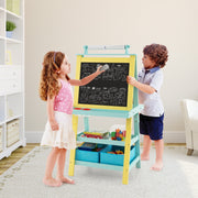Caballete para Crianças de Dupla Face 3 em 1 com 2 Prateleiras 2 Caixas e Tabuleiro Amplo 59 x 50 x 117 cm - Azul Claro