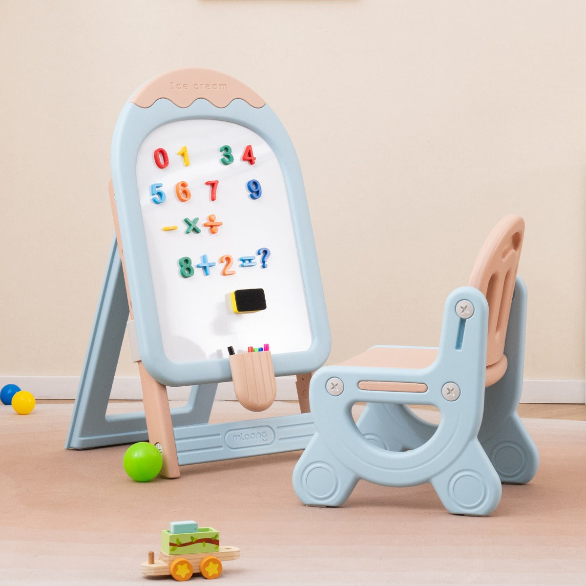 Caballete de Arte Plegável com Altura Ajustável e Cadeira Marcadores Borracha Seca Brinquedos Magnéticos para Crianças Maiores de 1 Ano Azul