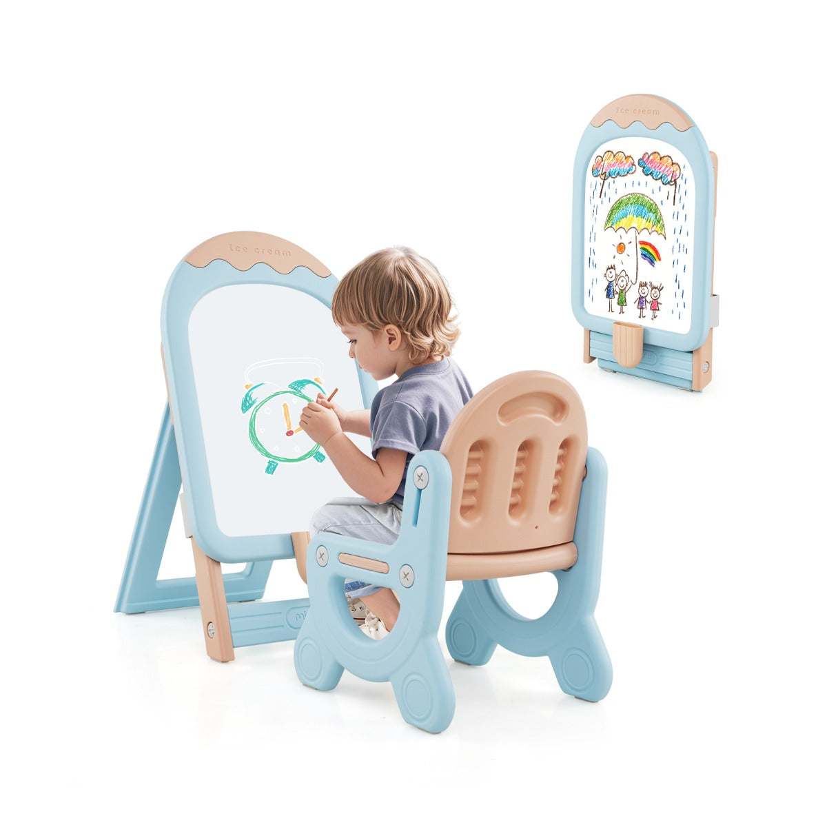 Caballete de Arte Plegável com Altura Ajustável e Cadeira Marcadores Borracha Seca Brinquedos Magnéticos para Crianças Maiores de 1 Ano Azul